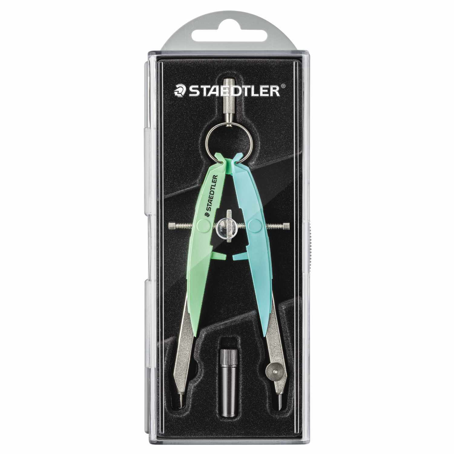Mars Comfort Zirkel in Grün-Blau von Staedtler in einer schwarzen Verpackung mit Zubehör.
