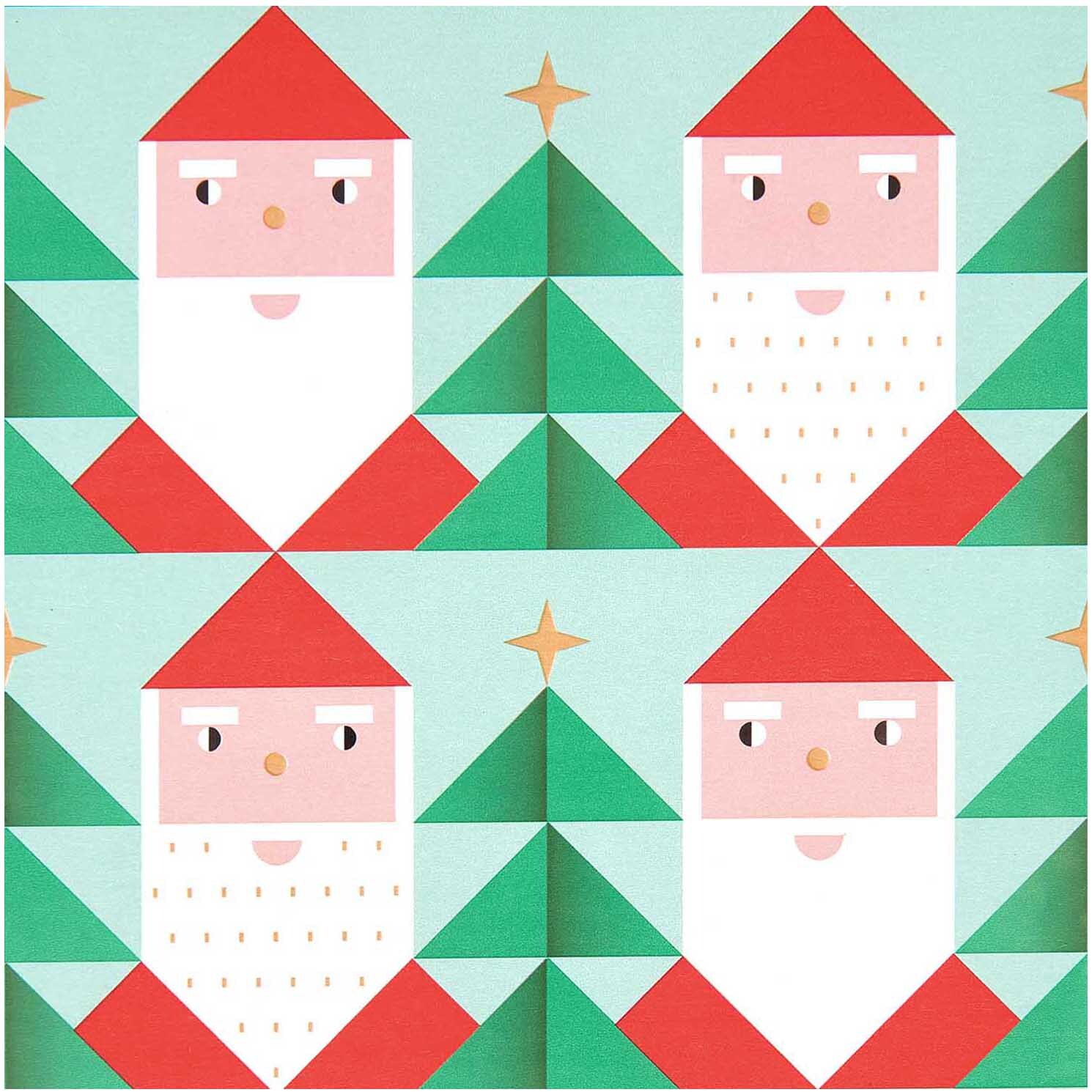Paper Poetry Geschenkpapier mit geometrischen Weihnachtsmännern und Tannen auf hellblauem Hintergrund von Rico Design.