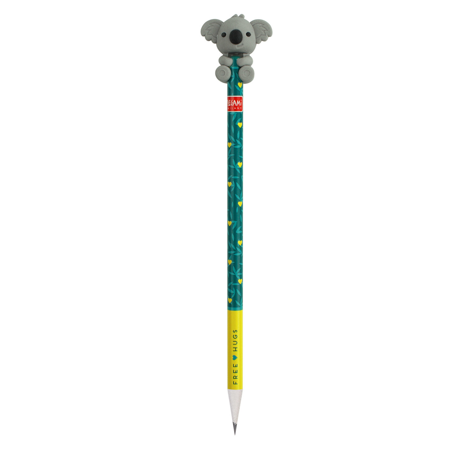 Bleistift mit Koala Radiergummi von Legami, verziert mit grünem Blattmuster und gelbem Akzent.
