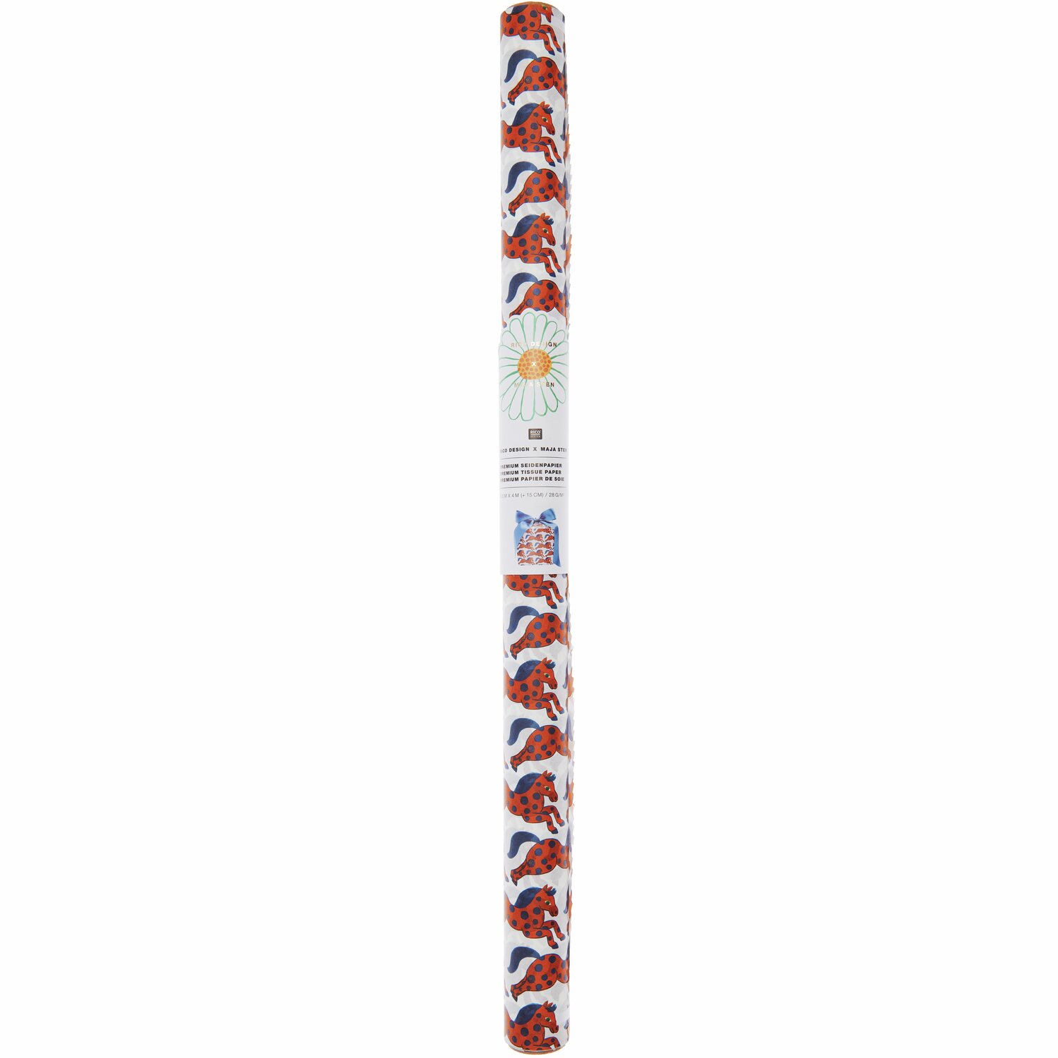 Seidenpapier Pferde von Rico Design, dekoriert mit Pferdemotiven, 50x415cm, 28g/m². Ideal für kreative Projekte.