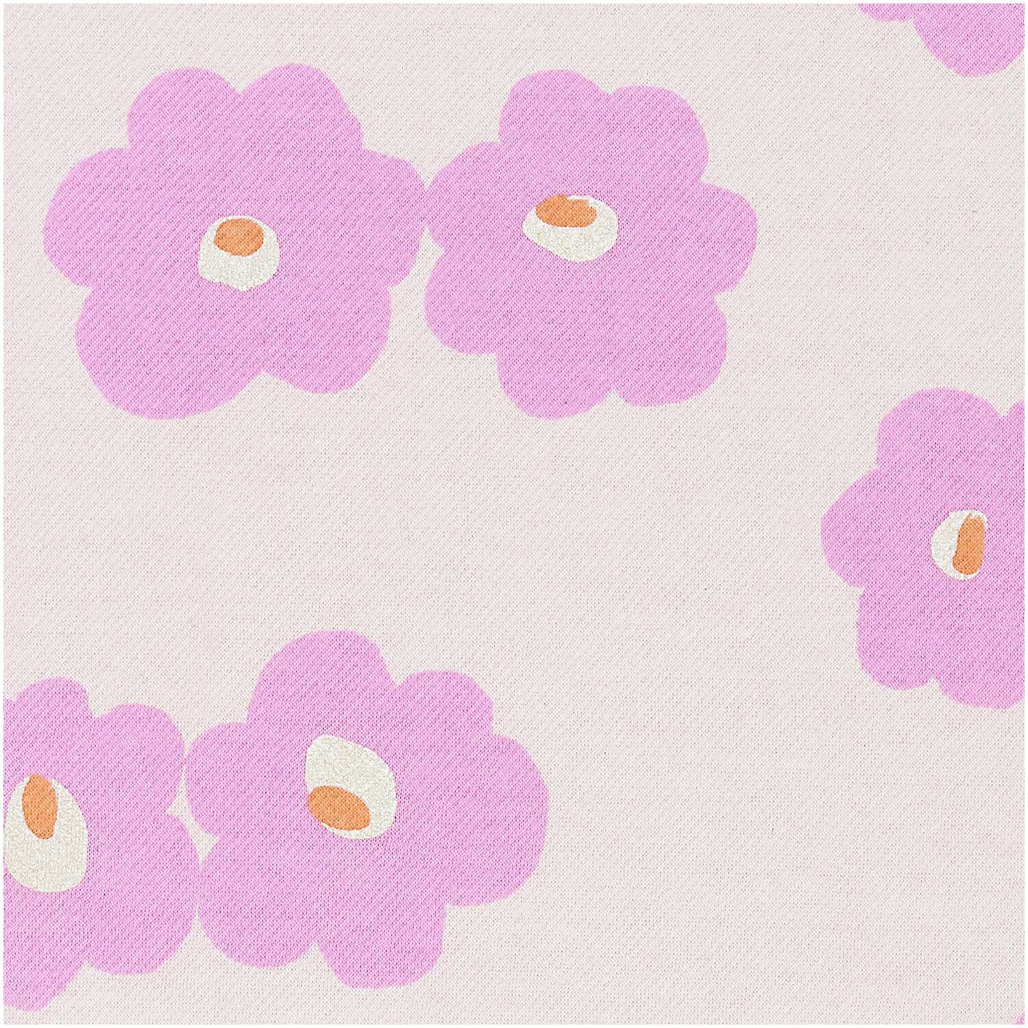 Sweatshirt-Stoff mit Aloha Blumenmuster in Rosa von Rico Design. Ideal für kreative Nähprojekte.