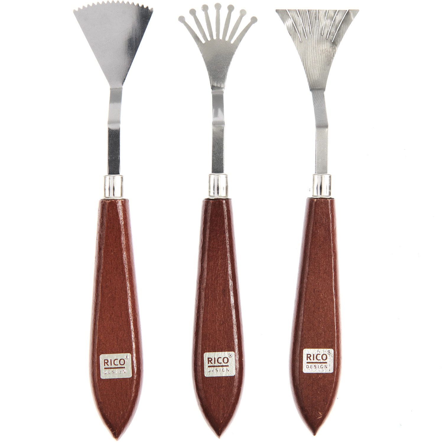 Spachtel rund 3er Set von Rico Design mit braunen Griffen und verschiedenen Metallklingen.