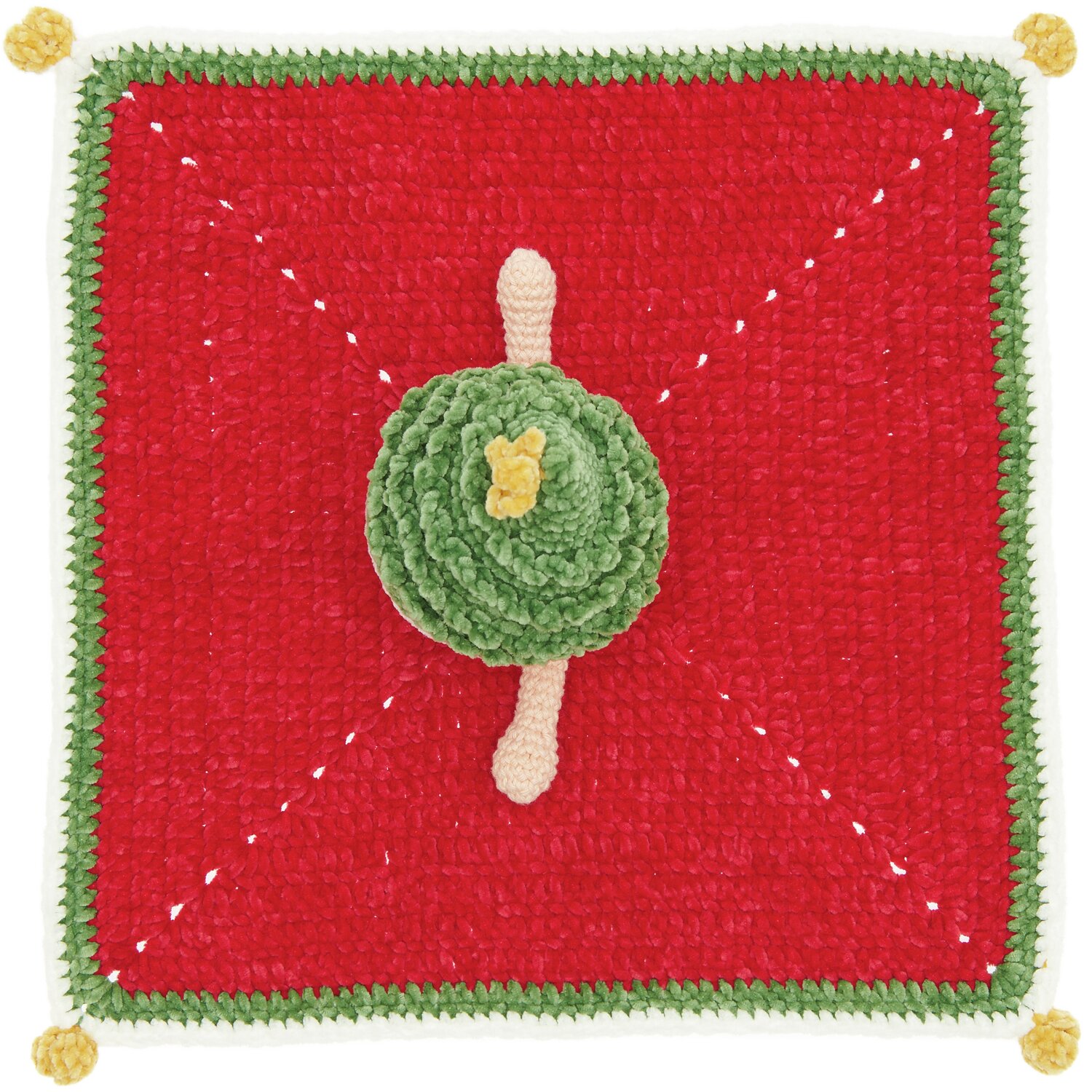 Häkelset Ricorumi Baby Blankies Weihnachtswichtel: Rotes und grünes gehäkeltes Quadrat mit dekorativen Details. Ideal für festliche Handarbeiten.
