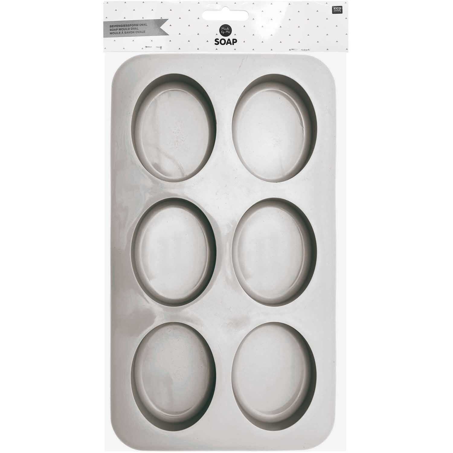 Seifengießform oval mit sechs grauen Mulden, ideal für kreative Seifenprojekte von Rico Design.