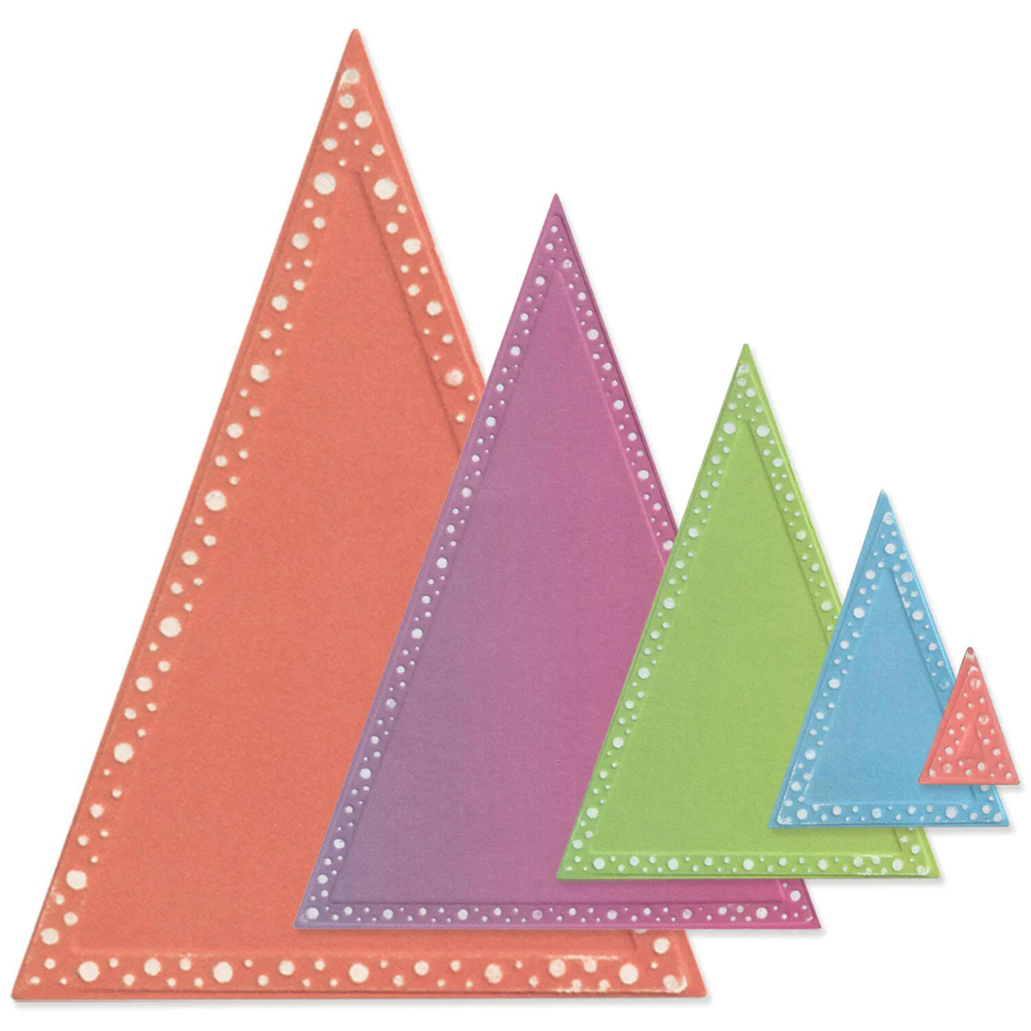 Sizzix Framelits Die Set Perfect Triangles 16PK zeigt bunte, gestanzte Dreiecke in verschiedenen Größen.