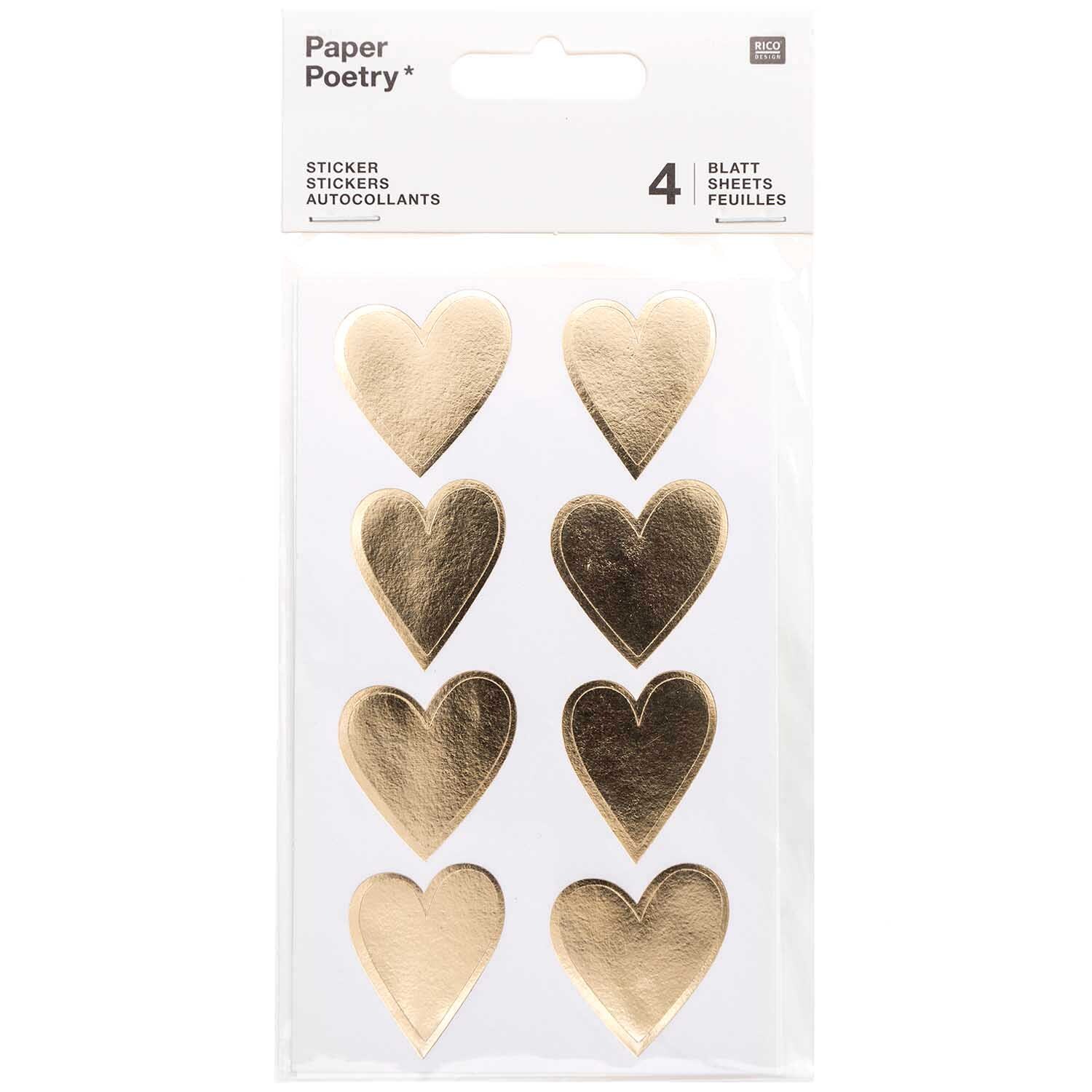 Paper Poetry Sticker Herzen 4 Blatt: Sechs goldene Herzsticker von Rico Design auf weißem Hintergrund.