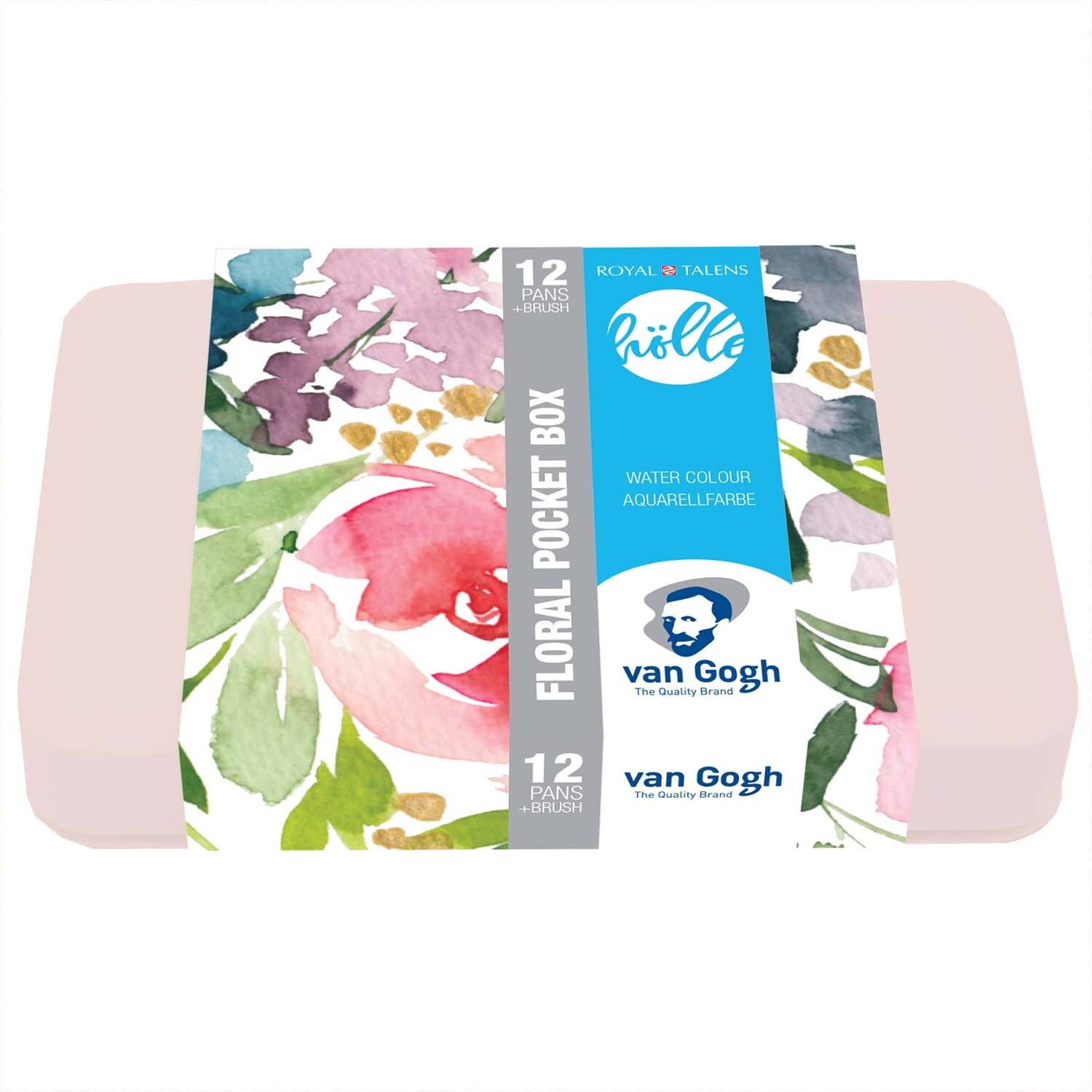 van Gogh Aquarell Set 12 Näpfchen mit floralen Mustern auf der Verpackung, ideal für kreative Projekte.