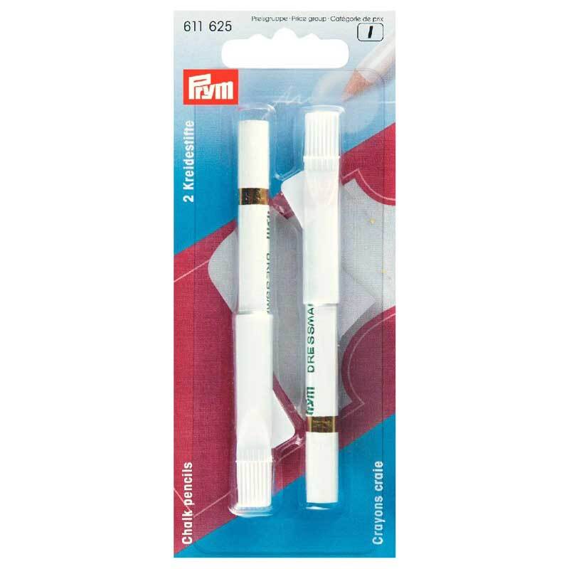 Kreidestifte mit Löschbürste, 2 Stück, von Prym. Weiße Stifte in Blisterverpackung auf rotem Hintergrund.