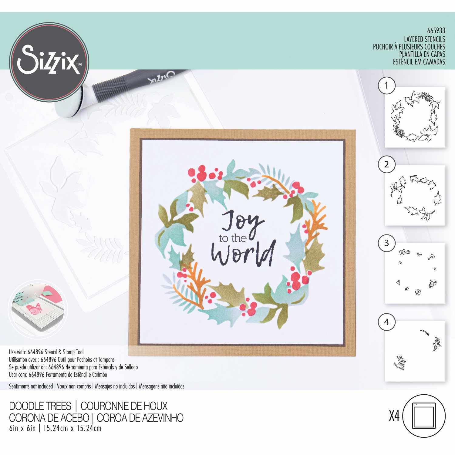 Layered Stencils Holly Wreath zeigt einen festlichen Kranz mit roten Beeren und grünen Blättern. Marke: Sizzix. Ideal für kreative Projekte.