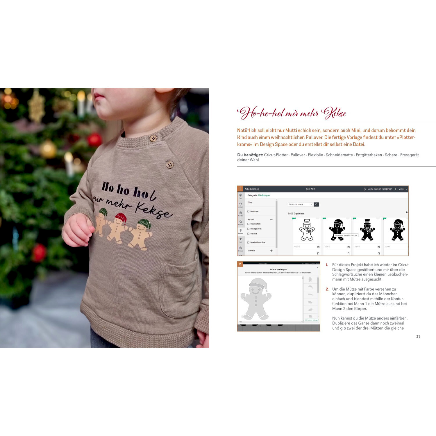 Weihnachtlich Plotten - 24 zauberhafte DIY-Projekte: Kind in braunem Pullover mit Lebkuchenmann-Design vor einem Weihnachtsbaum.