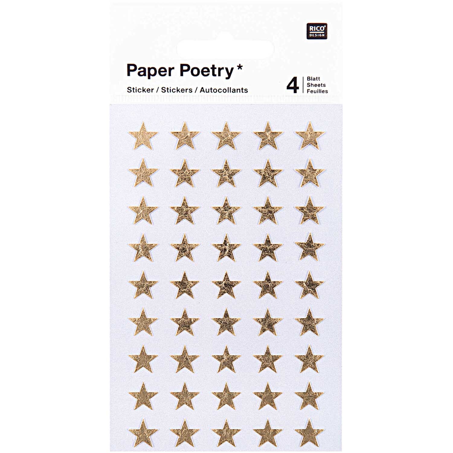 Paper Poetry Sticker Sterne in Gold, 10mm, von Rico Design. Auf weißem Hintergrund sind goldene Sternsticker in Reihen angeordnet.