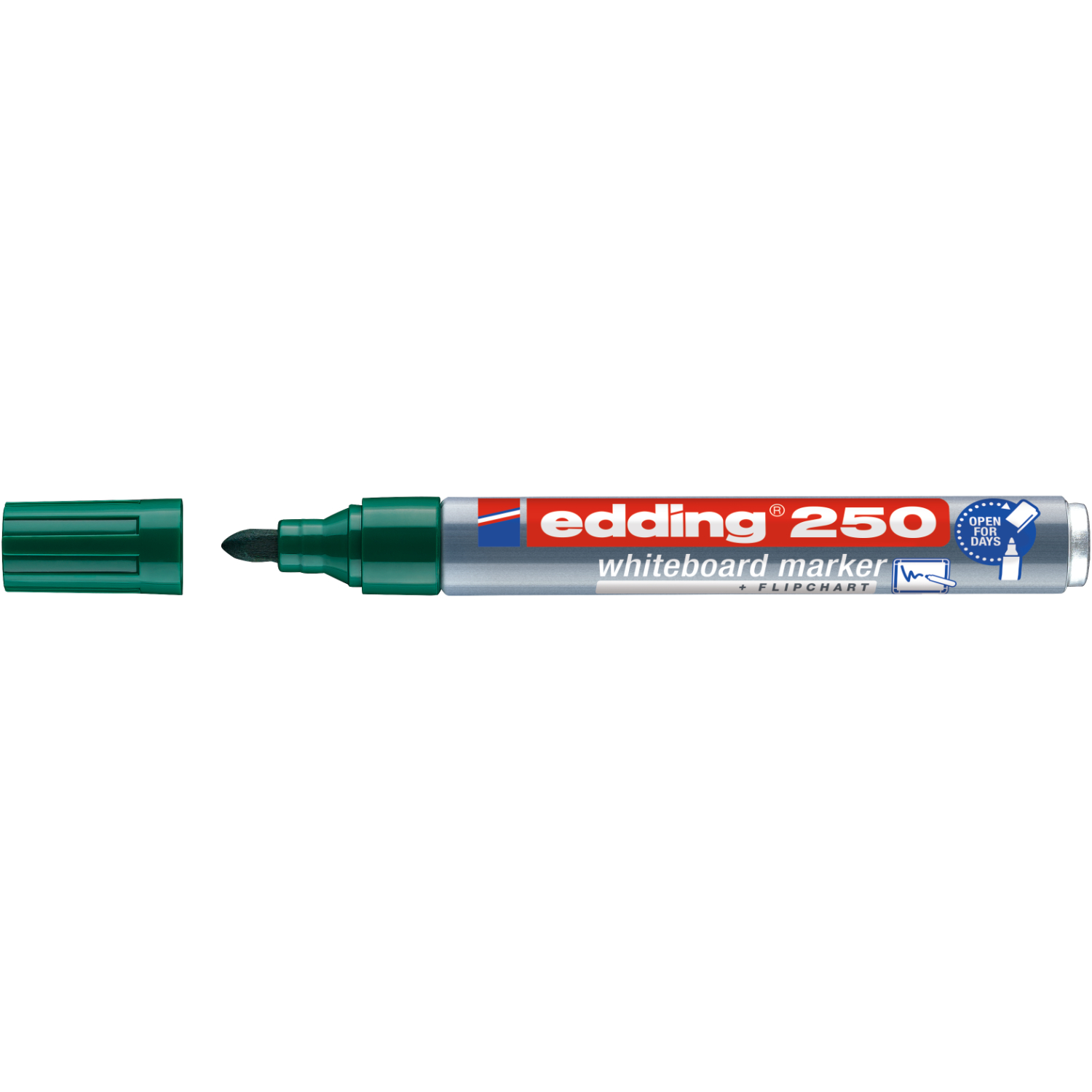 250 Whiteboard Marker 1,5-3mm in Grün von edding, ideal für klare, abwischbare Notizen.