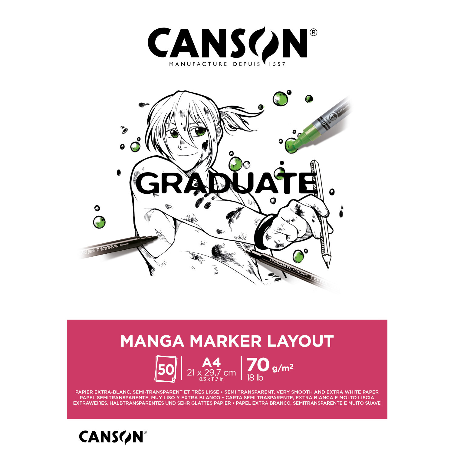 Graduate Manga Block 50 Blatt, ideal für Zeichnungen, DIN A4, 70g/m², von Canson, mit Manga-Design.
