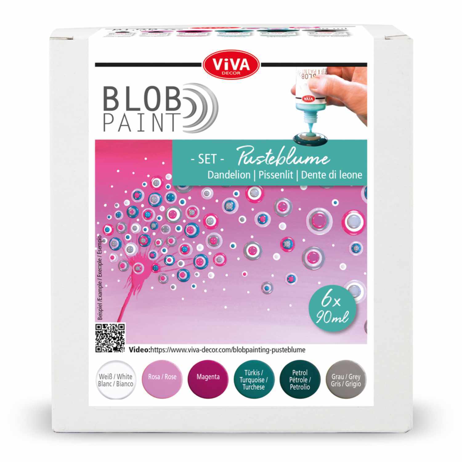 Blob Paint Set Pusteblume 6x90ml mit bunten Farben von Viva Decor, zeigt ein kreatives Design.
