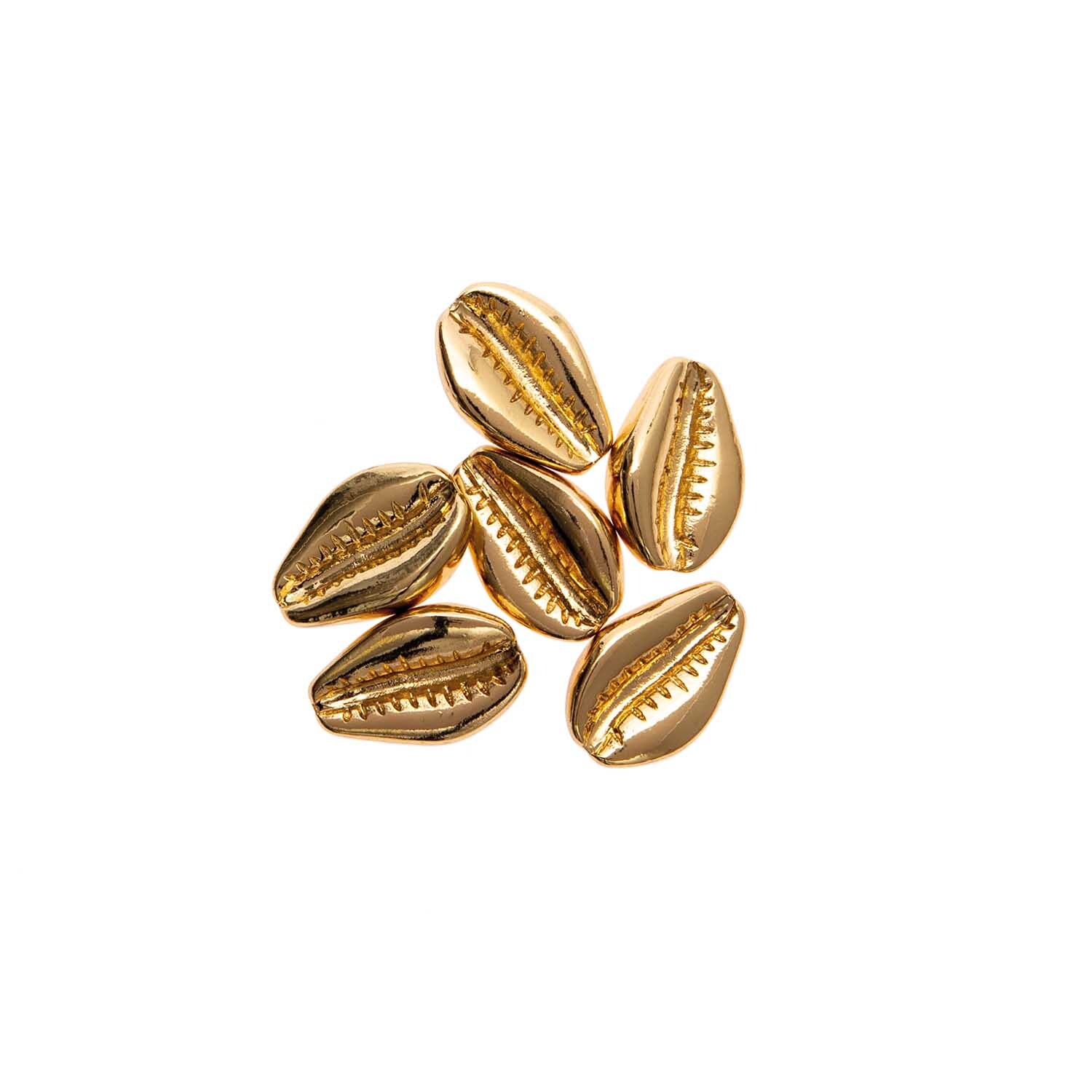 Muscheln mit Bohrung 6 Stück von Rico Design in Gold, ideal für Schmuckherstellung und Dekoration.
