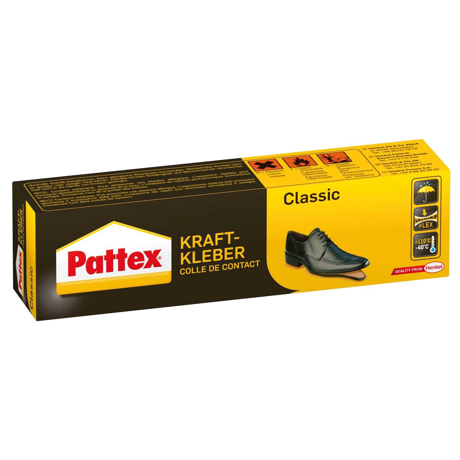 Kraftkleber classic 50g von Pattex in gelber Verpackung mit schwarzem Schuhmotiv und Anwendungshinweisen.