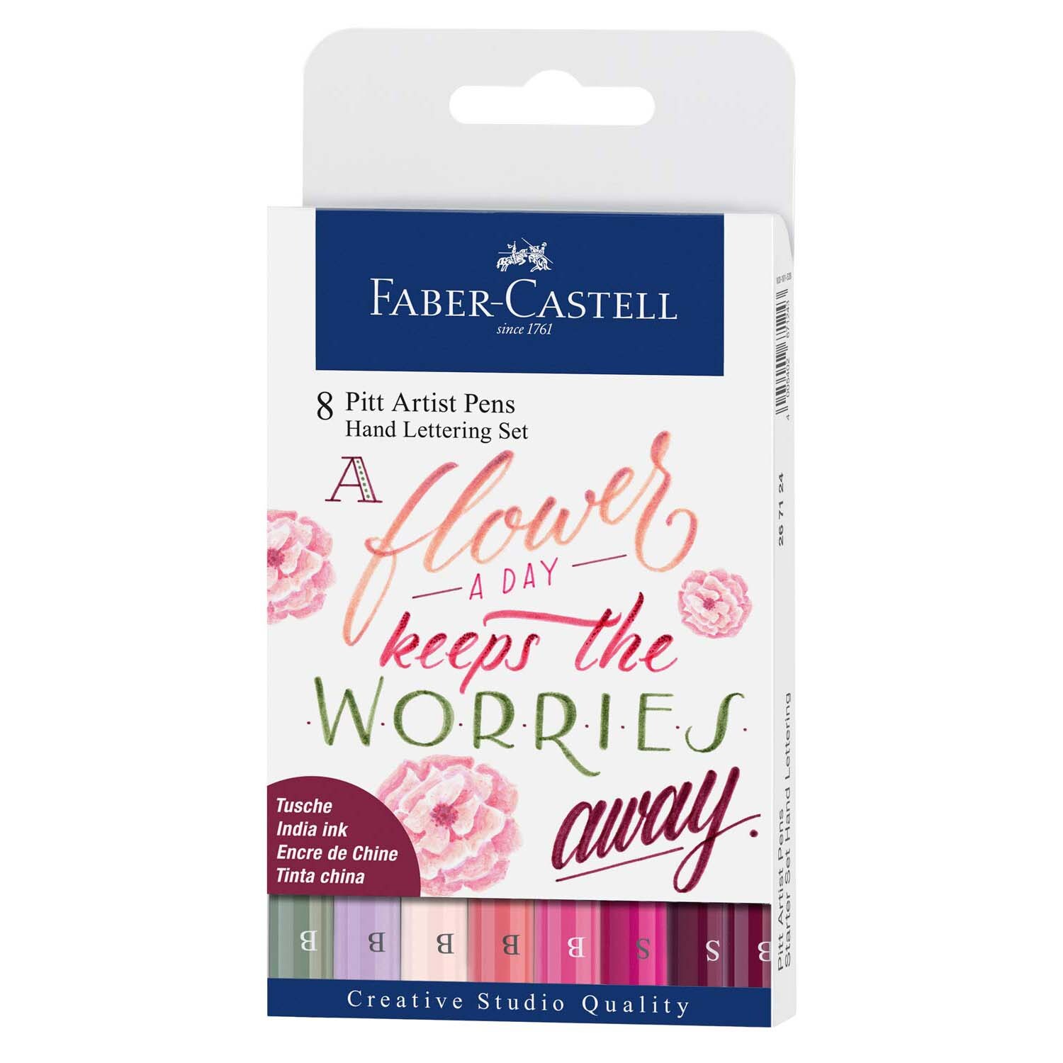 Tuschestift Pitt Artist Pen Handlettering Rosatöne 8 Stück von Faber Castell, ideal für kreative Schriftgestaltung. Verpackung zeigt florales Design.
