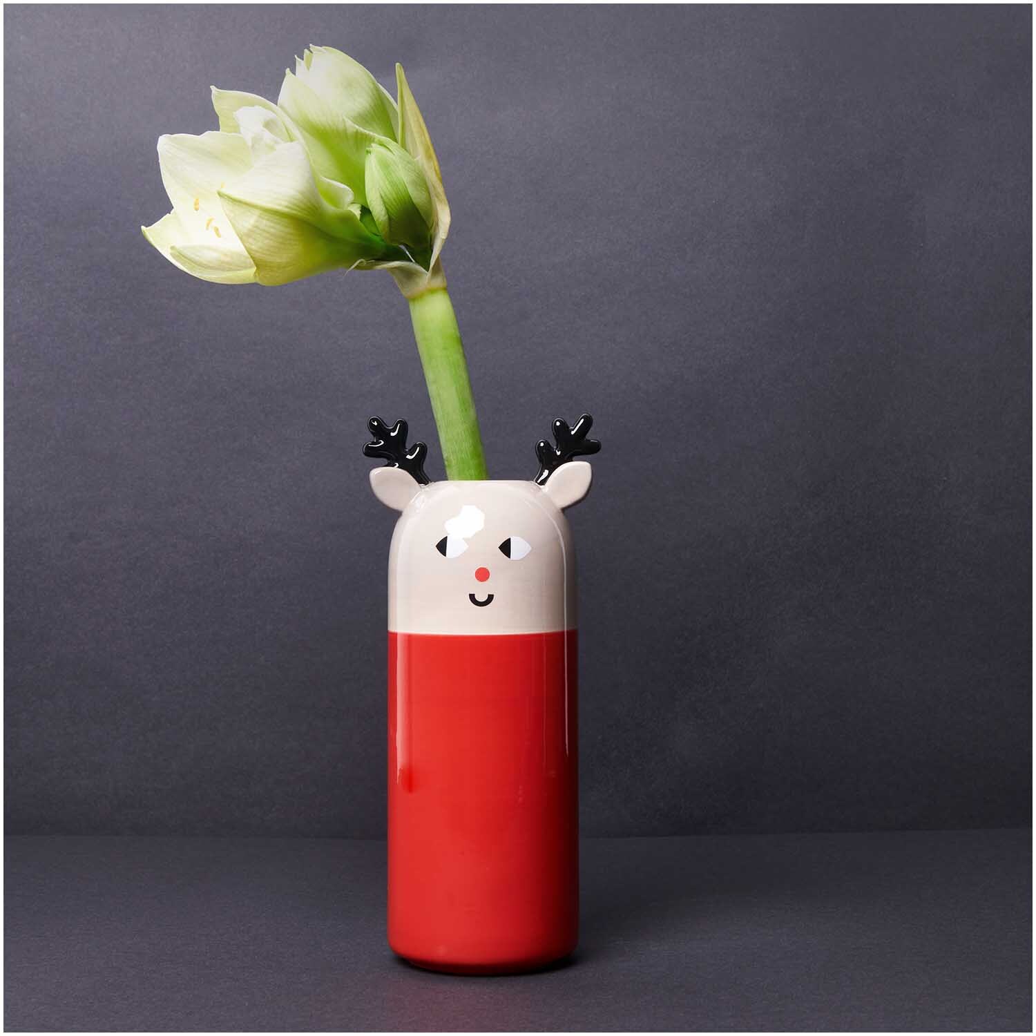 Keramik Vase Rentier rot 29cm von Rico Design: Rote Vase mit Rentiermotiv, ideal für Blumenarrangements.