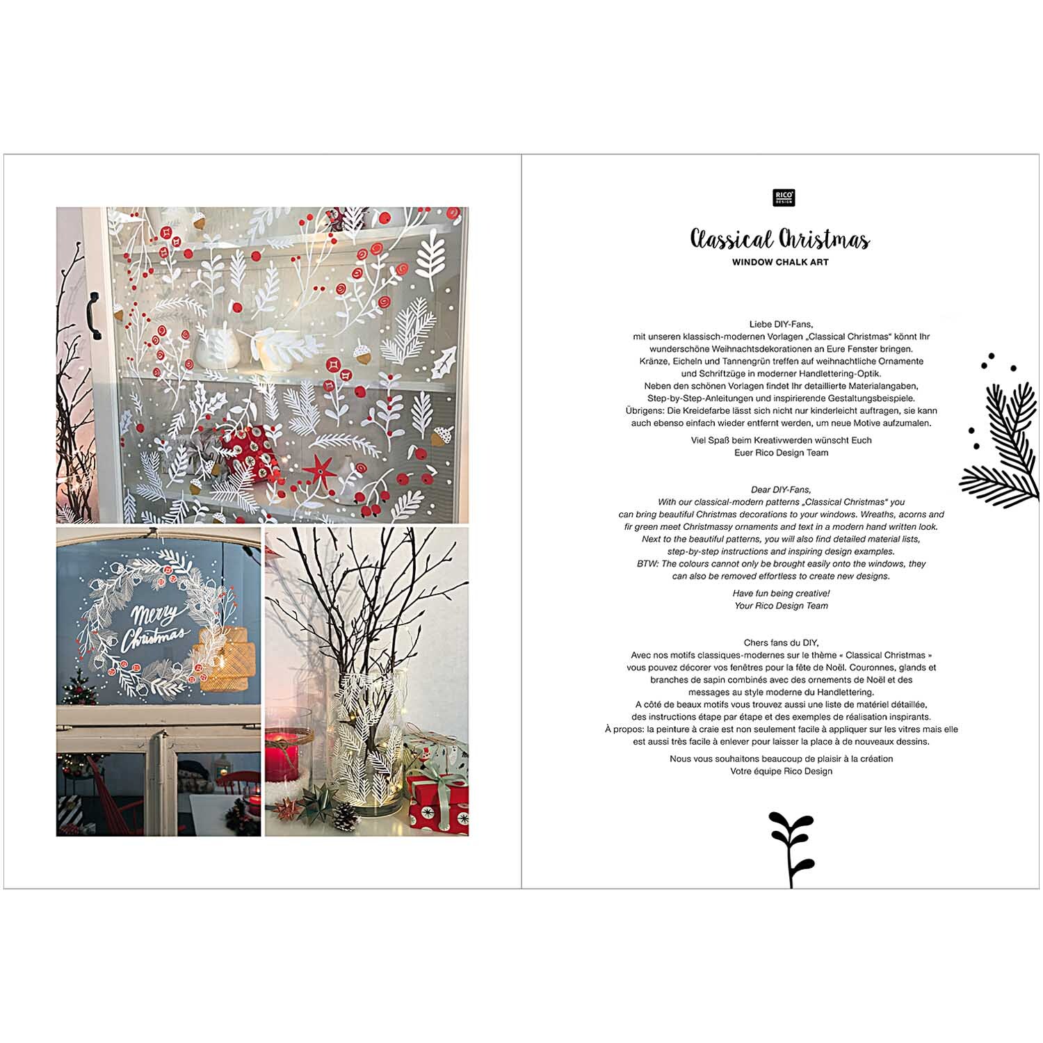 Vorlagenmappe Classical Christmas: Fenster- und Glasmalerei mit Kreidestiften zeigt festliche Designs auf Glas mit winterlichen Motiven und Anleitungen.