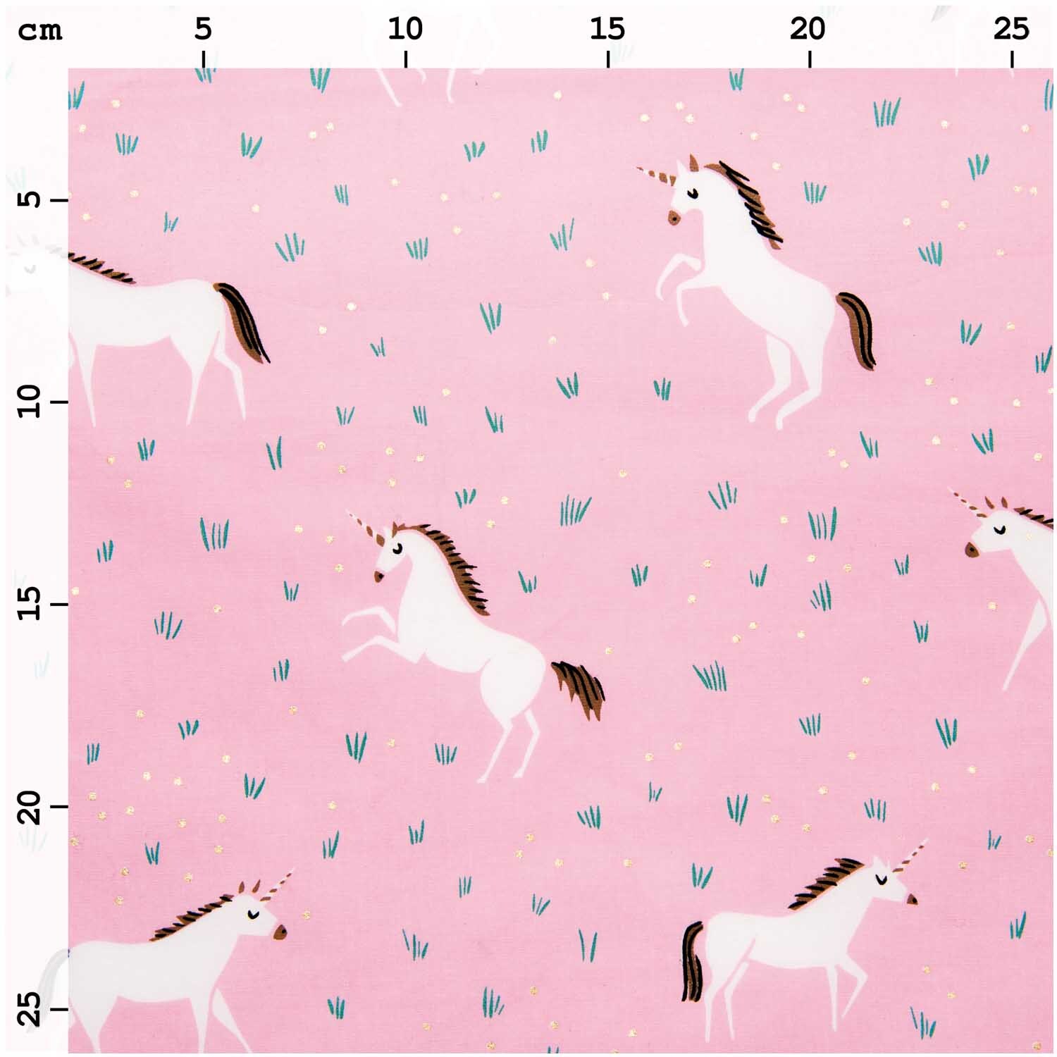 Druckstoff Einhorn rosa 25x70cm beschichtet zeigt weiße Einhörner auf rosa Hintergrund, ideal für kreative Nähprojekte. Marke: Rico Design.