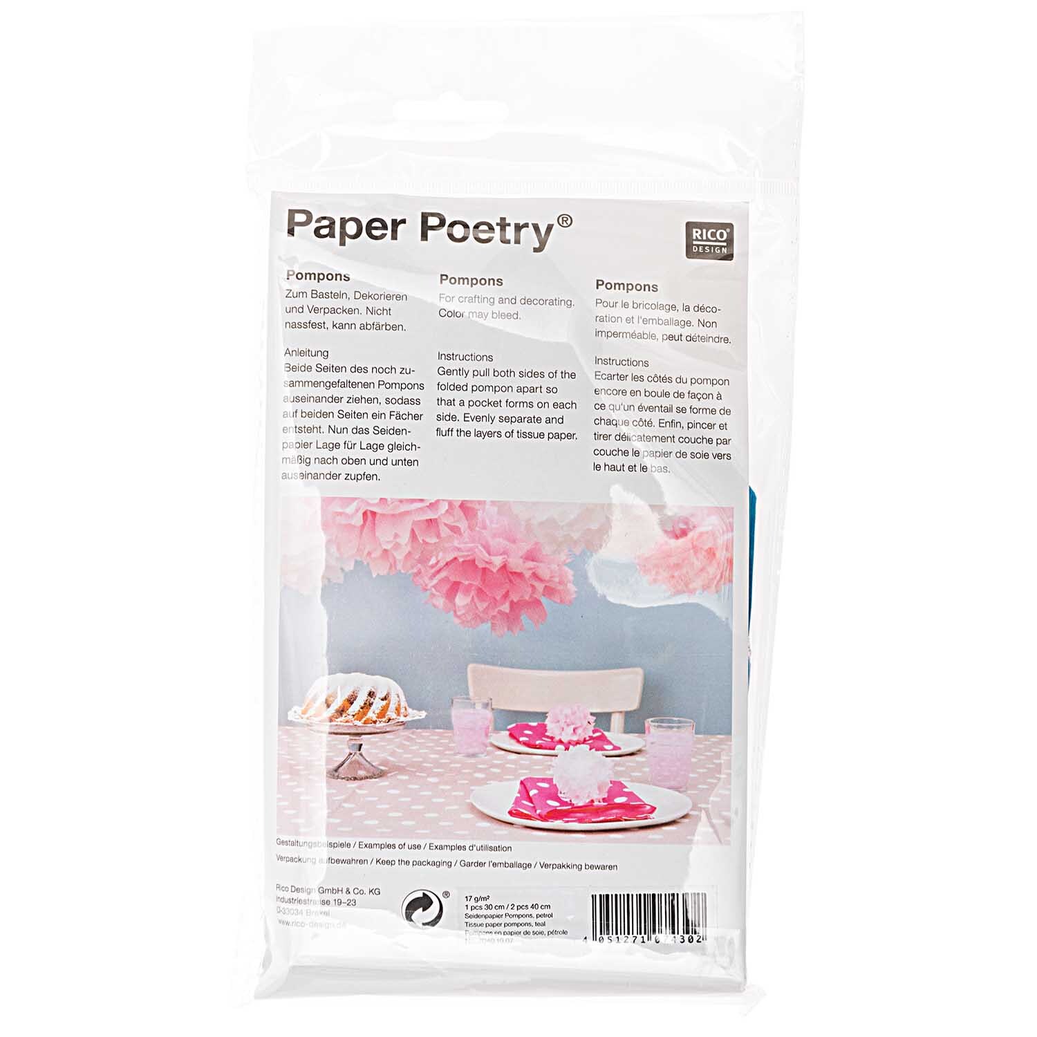 Seidenpapier Pompons 17g/m² 3 Stück von Rico Design in Petrol, ideal für kreative Dekorationen.