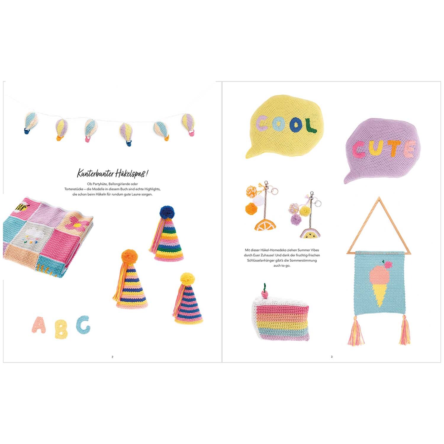 Cool & Cute Crochet: Bunte Häkeldekorationen von Rico Design, darunter Girlanden, Hüte und Wandbehänge.
