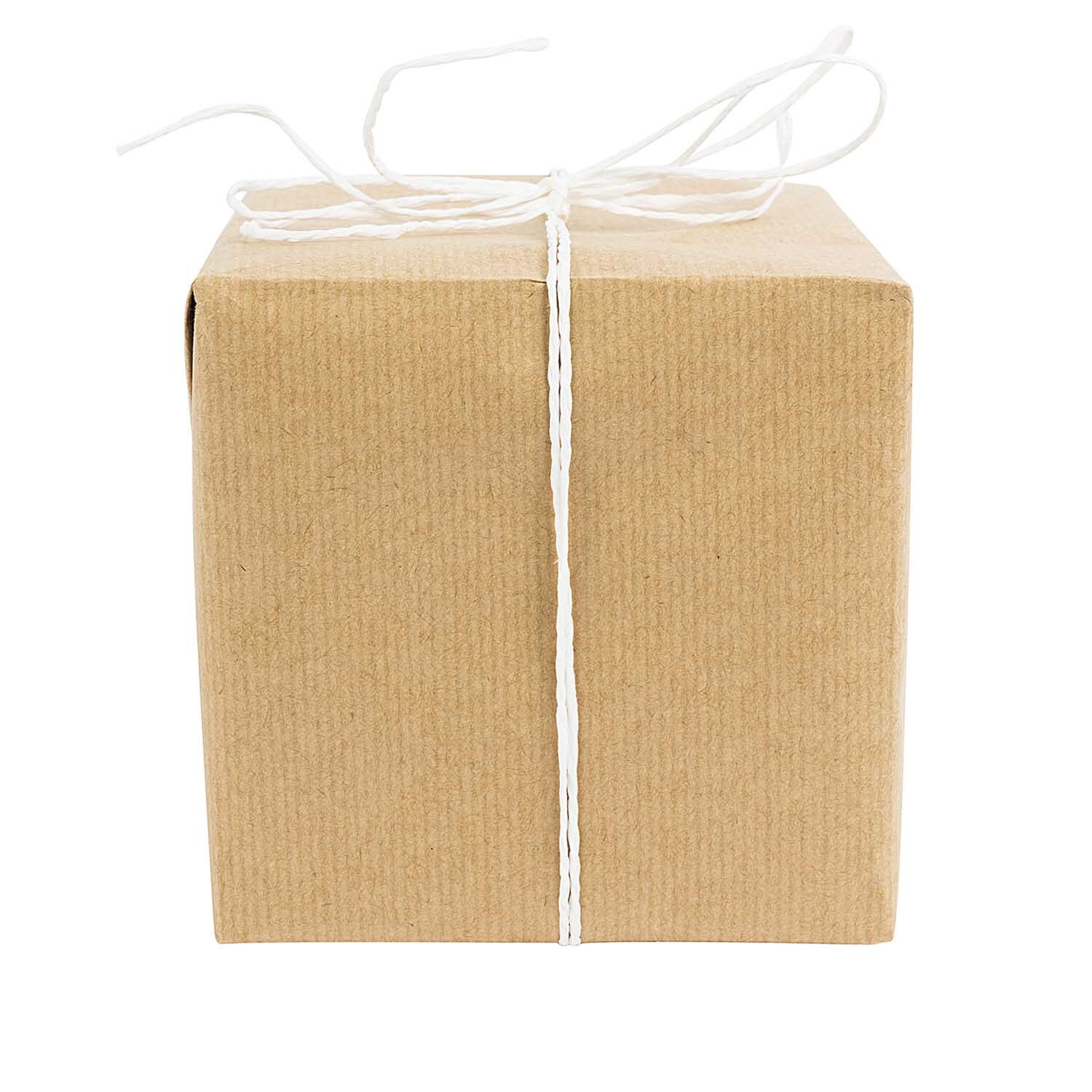 Paper Poetry Packpapier zeigt ein schlichtes, braunes Geschenkpaket mit weißer Schnur umwickelt. Ideal für kreative Verpackungen.