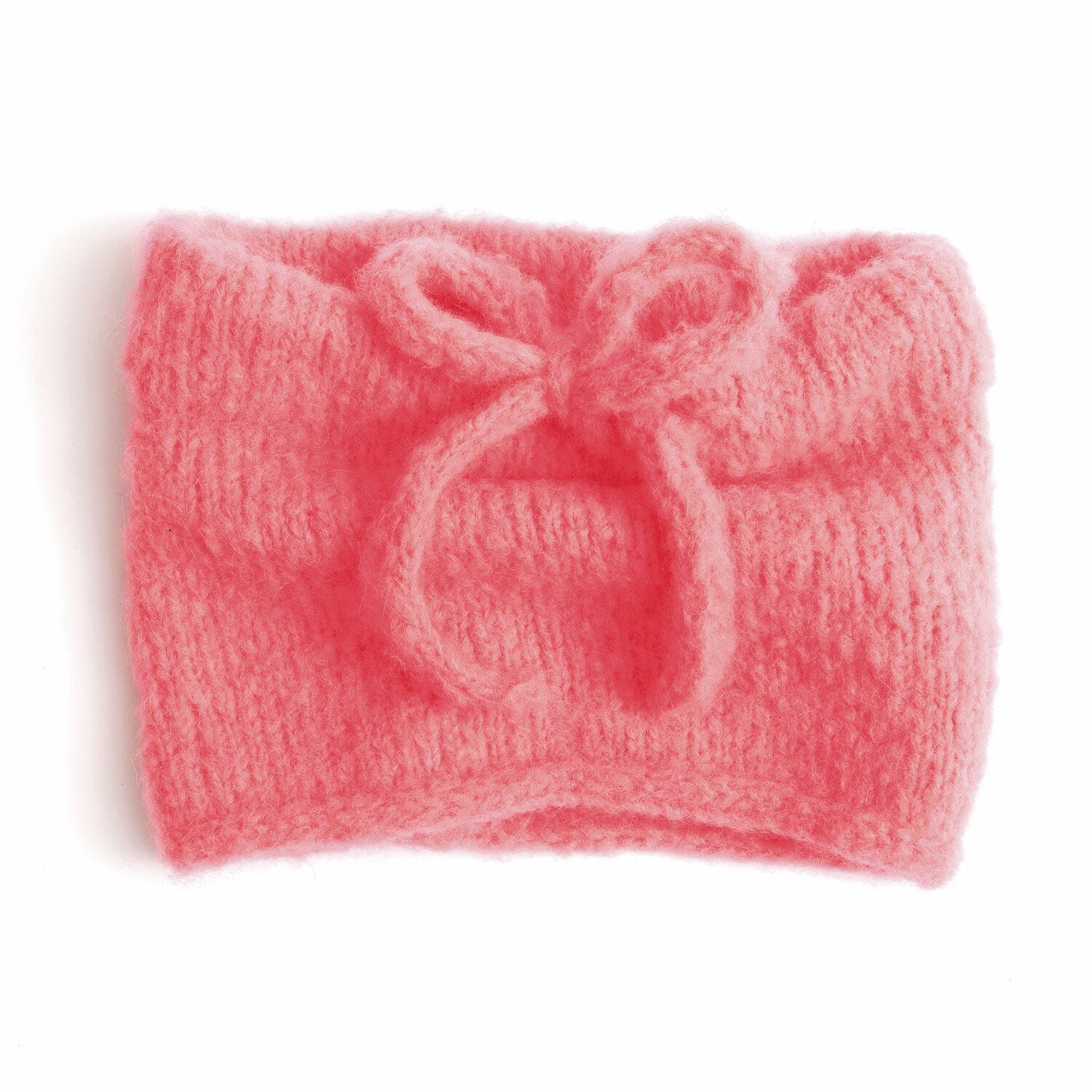 Made by Me No. 21 Herbst-Winter Stirnband aus weicher Baby-Alpaka-Wolle in Koralle mit dekorativer Schleife.