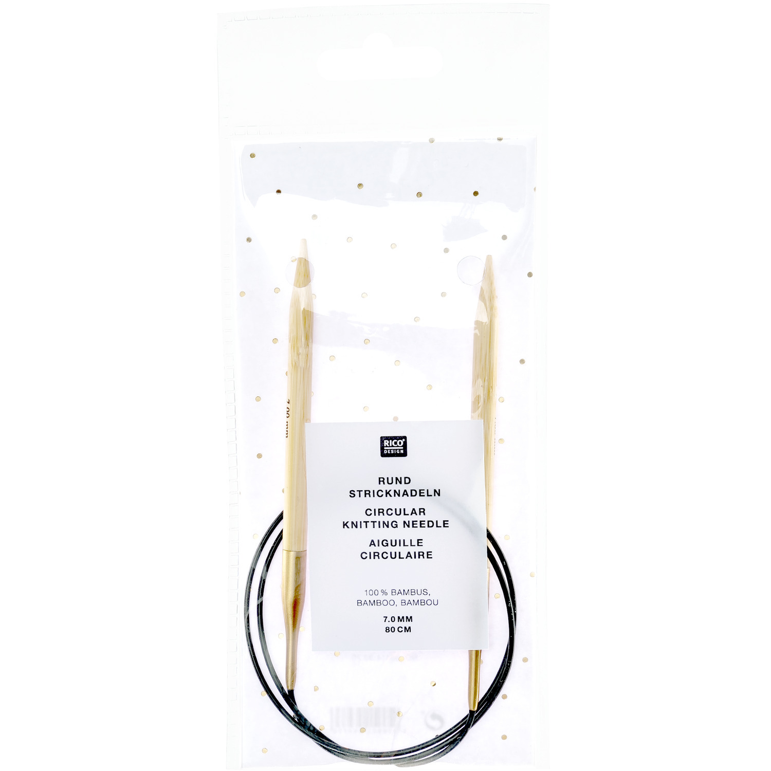 Rundstricknadel 80cm Bambus von Rico Design, ideal für Strickprojekte, in transparenter Verpackung.