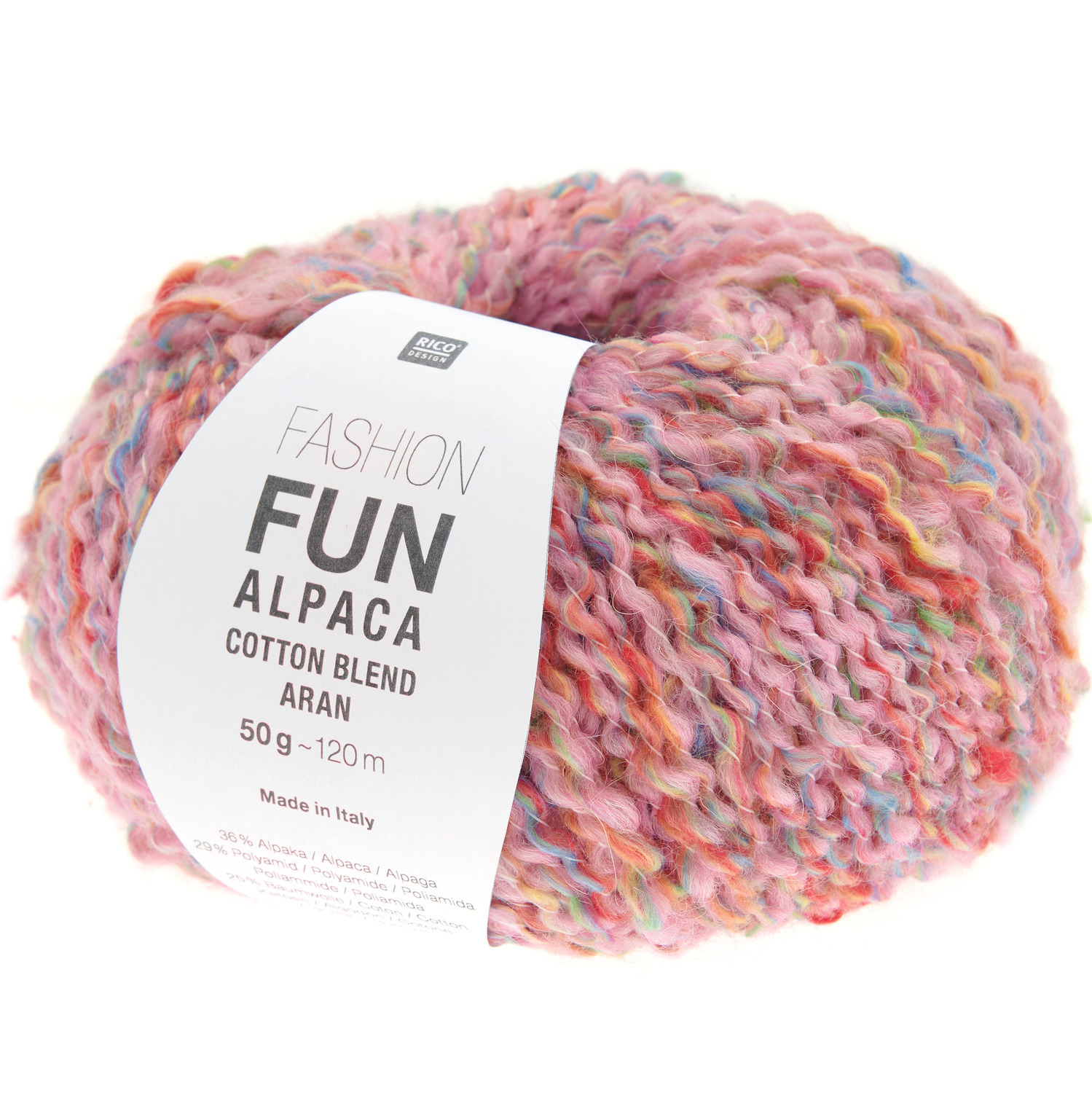 Rico Design Fun Alpaka Cotton Blend aran: Weiches, pinkes Garnknäuel mit bunten Akzenten, ideal für Strickprojekte.