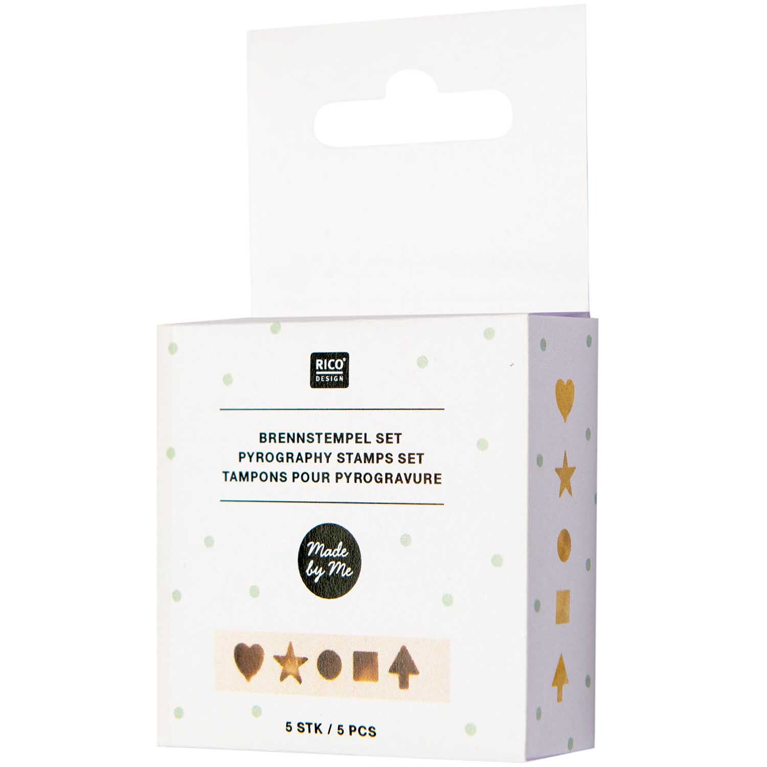 Brennstempel-Set für Brandmalkolben von Rico Design, 5-teilig, in weißer Verpackung mit Symbolen.