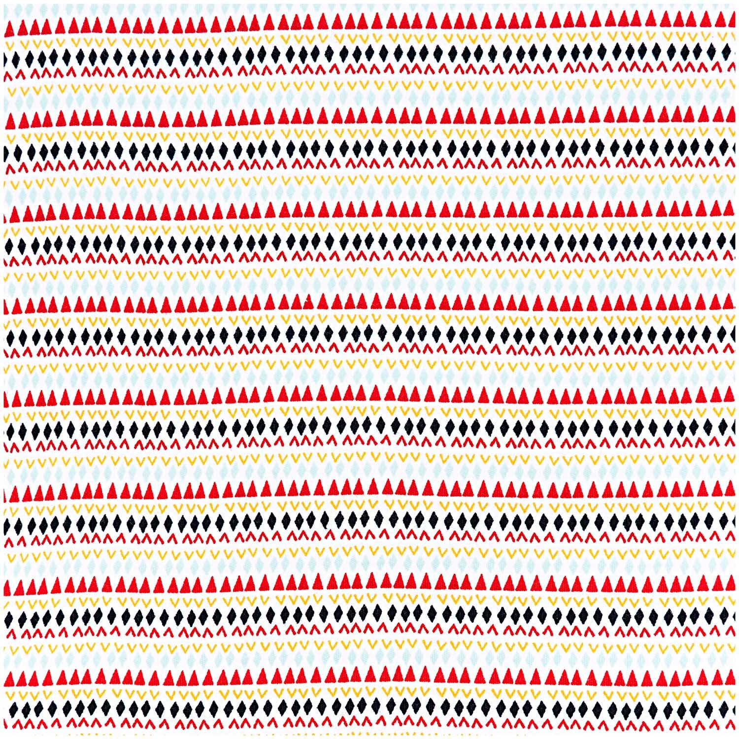 Stoff Jersey mit ethnischem Muster in Rot, Blau und Weiß von Rico Design, ideal für kreative Nähprojekte.