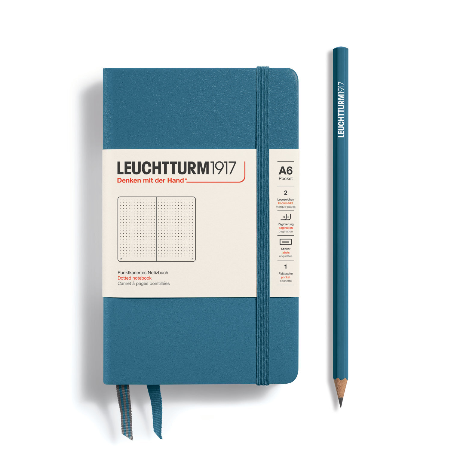 Notizbuch Pocket dotted Hardcover A6 in Stone Blue mit passendem Bleistift von LEUCHTTURM1917.