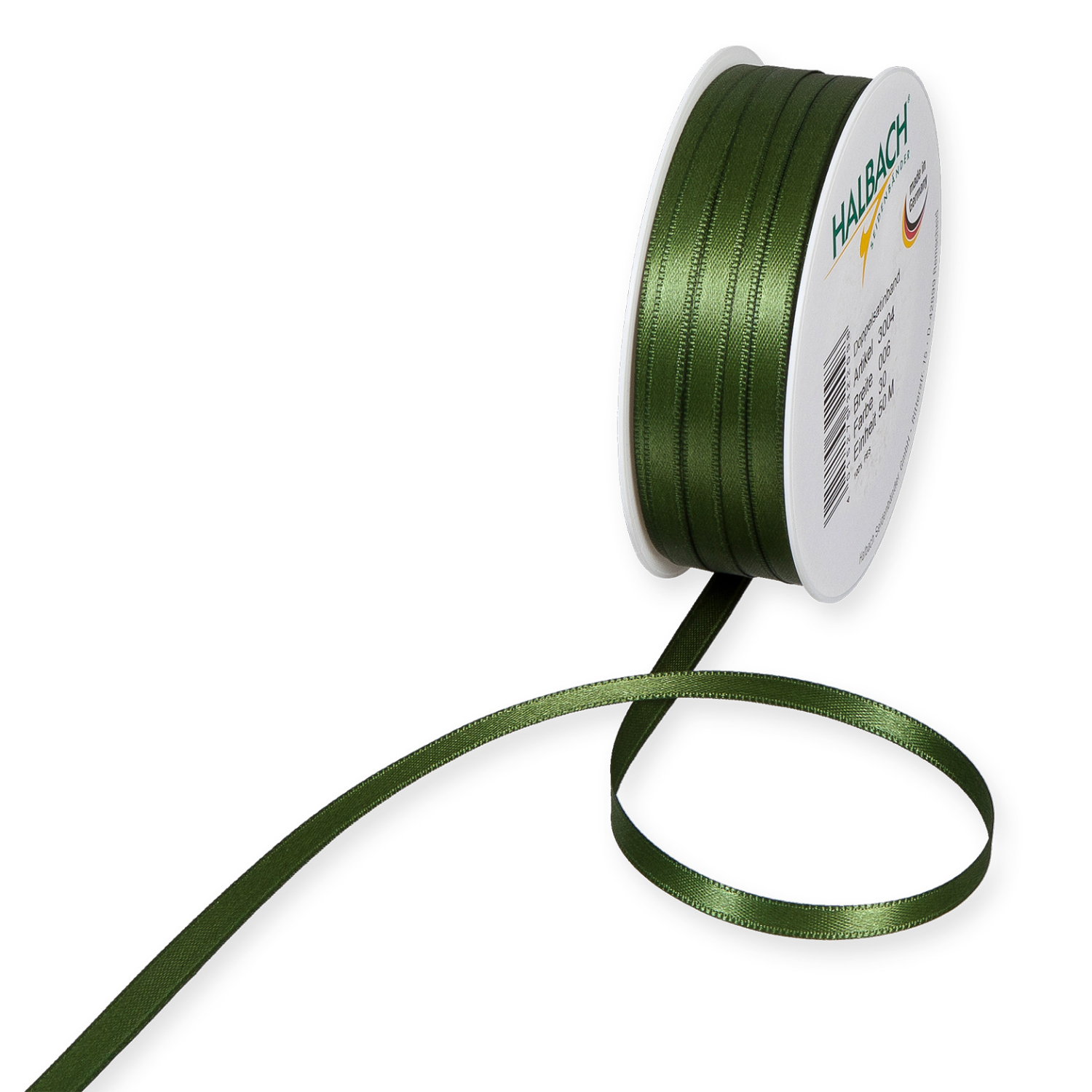 Satinband 6mm 10m in Moosgrün von Halbach, aufgerollt auf einer weißen Spule, ideal für Dekorationen.