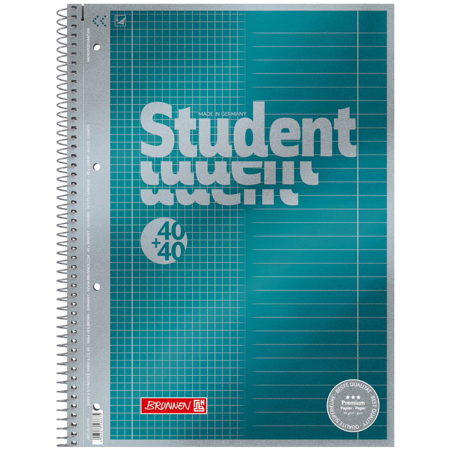 Collegeblock Premium Student A4 80 Blatt mit blauem Cover und Spiralbindung von Brunnen.