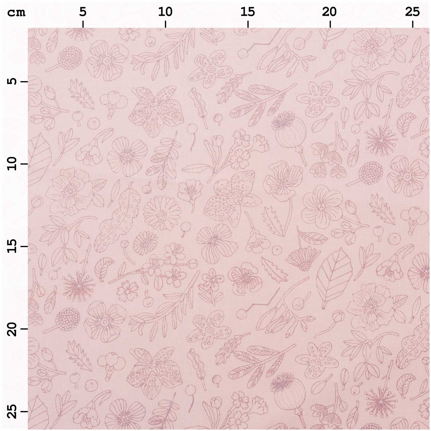Druckstoff Hygge Blumen mit zarten floralen Mustern auf rosa-metallic Hintergrund, 50x140cm. Ideal für kreative Nähprojekte.
