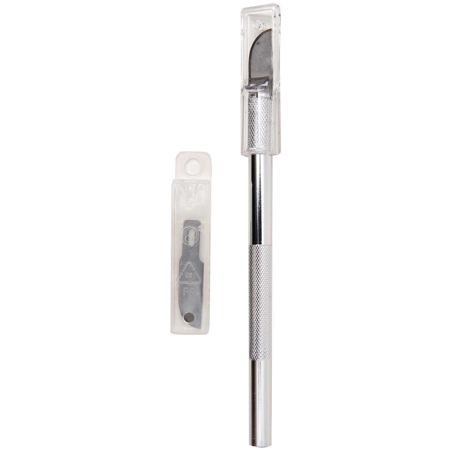 Schablonenmesser rund incl. 5 Ersatzklingen von Rico Design, silberfarben, mit transparentem Klingenschutz und Ersatzklingenetui. Ideal für präzises Schneiden.