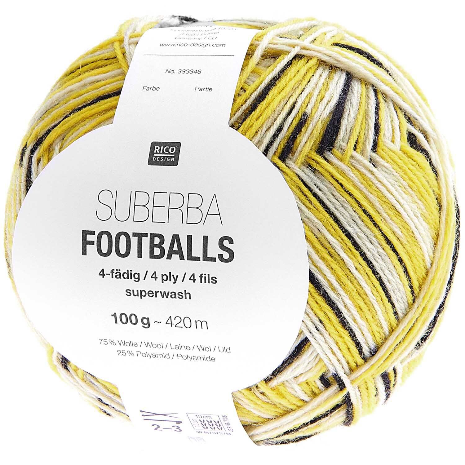 Superba Footballs 4fädig Wolle in Gelb-Schwarz von Rico Design, 100g Knäuel mit 420m Länge. Ideal für Strickprojekte.