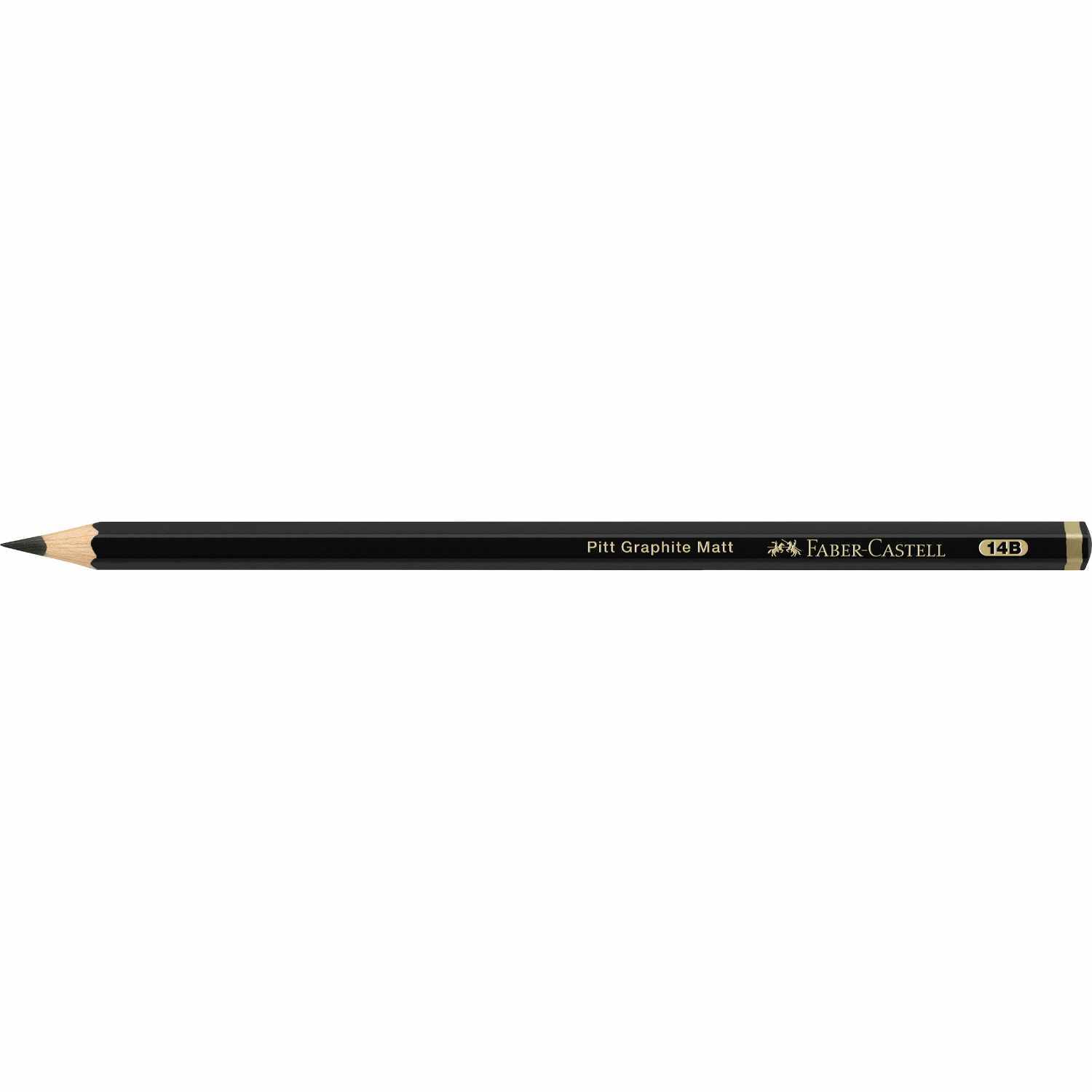 Bleistift Pitt Graphite Matt von Faber Castell, schwarz, liegt auf weißem Hintergrund. Ideal für präzises Zeichnen.