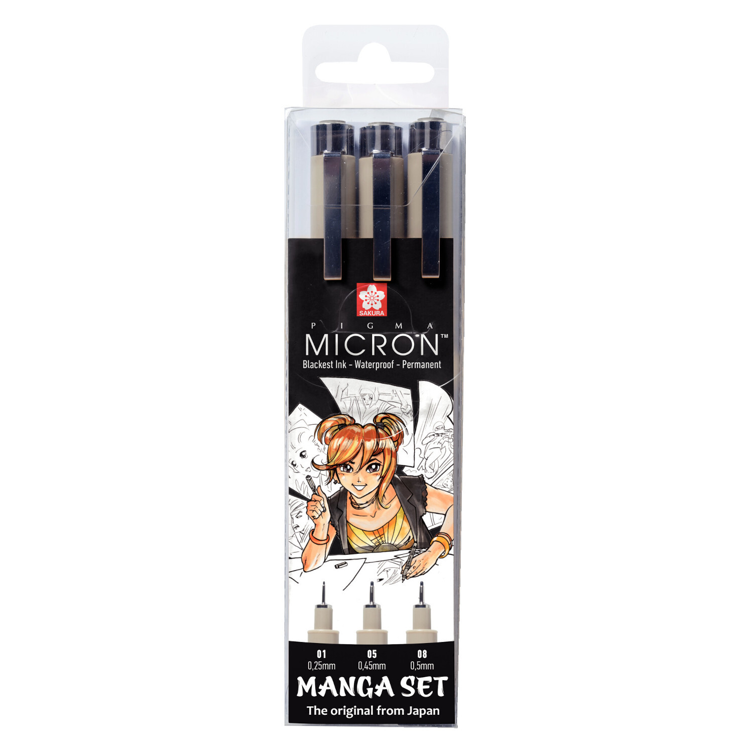 Pigma Micron Manga Set, 3 Stück, SAKURA. Schwarze Fineliner in Verpackung mit Manga-Design, ideal für präzises Zeichnen.