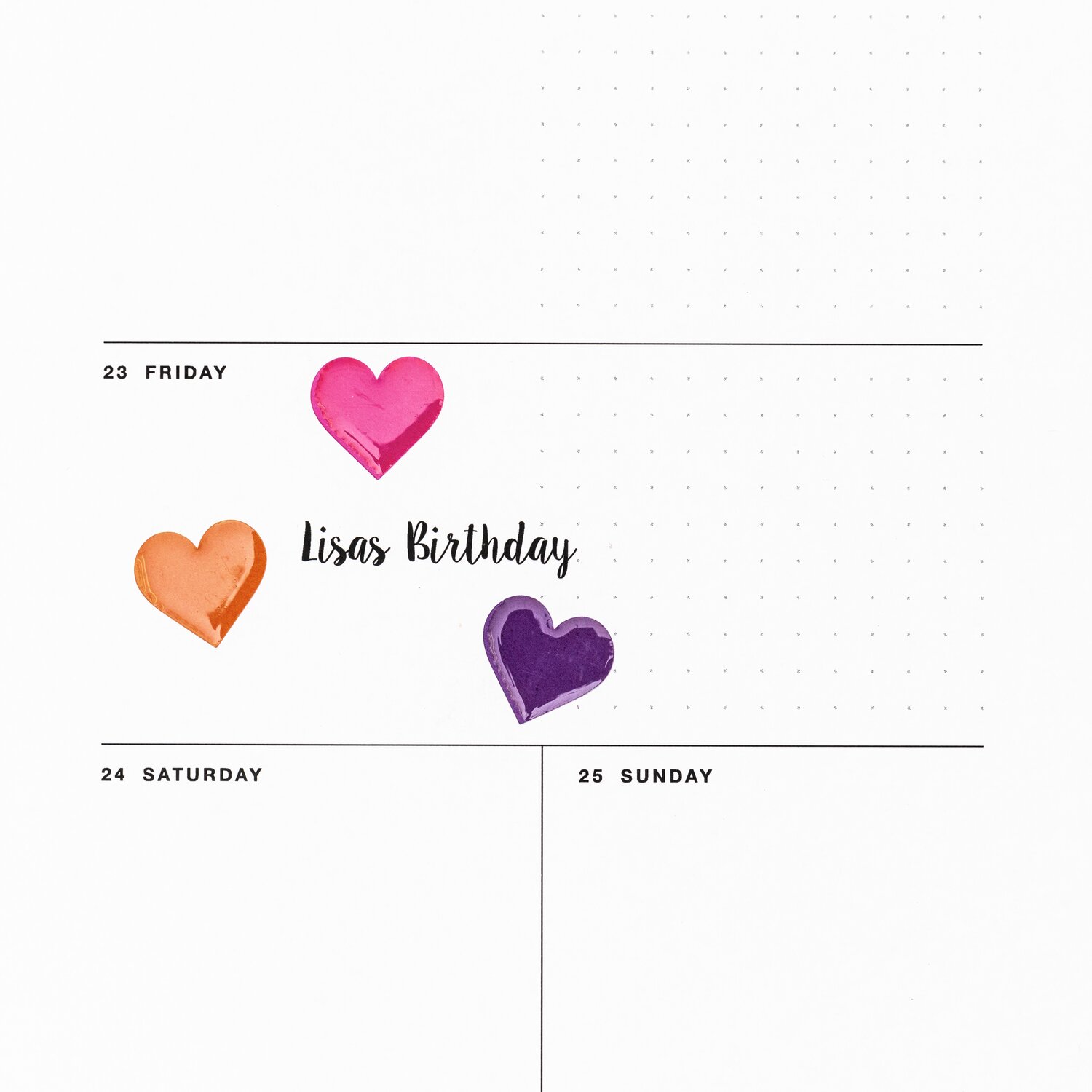 Paper Poetry Sticker Herzen mehrfarbig groß auf Kalenderseite mit "Lisas Birthday" am 23.