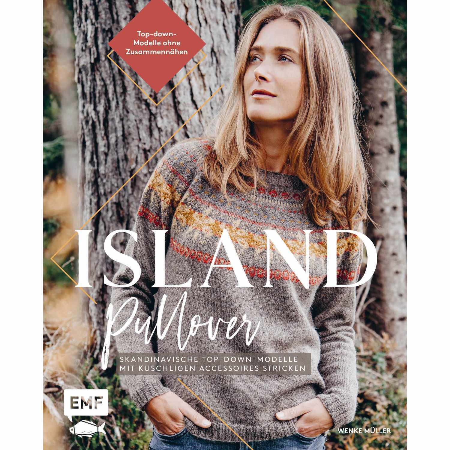 Islandpullover stricken: Frau in grauem Pullover mit buntem Muster vor Baum. EMF Buchcover zeigt skandinavische Strickmode.