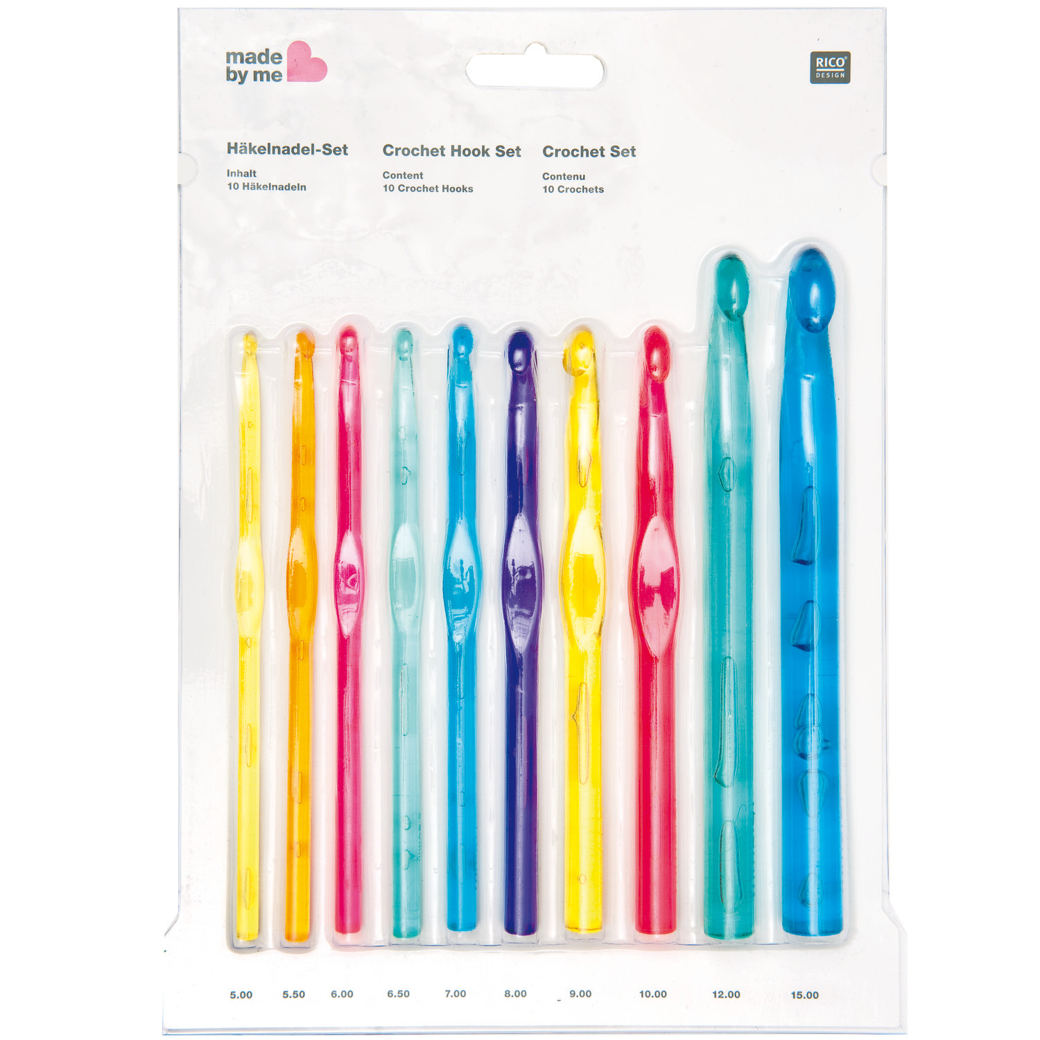 Häkelnadel-Set Acryl: 10-teiliges Set in bunten Farben von Rico Design, ideal für kreative Projekte.