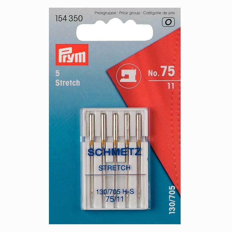 Nähmaschinennadeln 130/705 Stretch Nr.75, 5 Stück von Prym, silberne Nadeln in Blisterverpackung.
