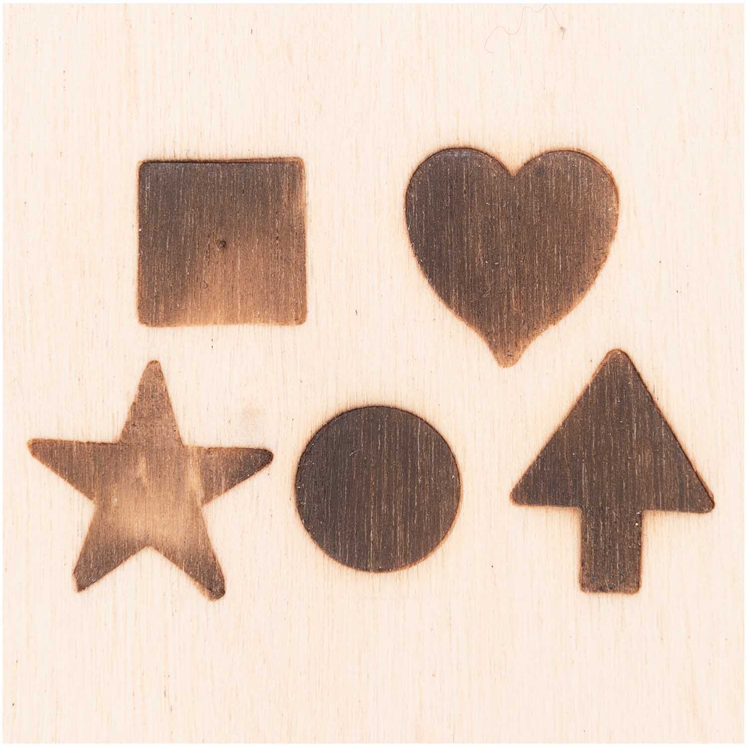 Brennstempel-Set für Brandmalkolben, 5-teilig von Rico Design. Formen: Quadrat, Herz, Stern, Kreis, Pfeil. Ideal für kreative Holzarbeiten.
