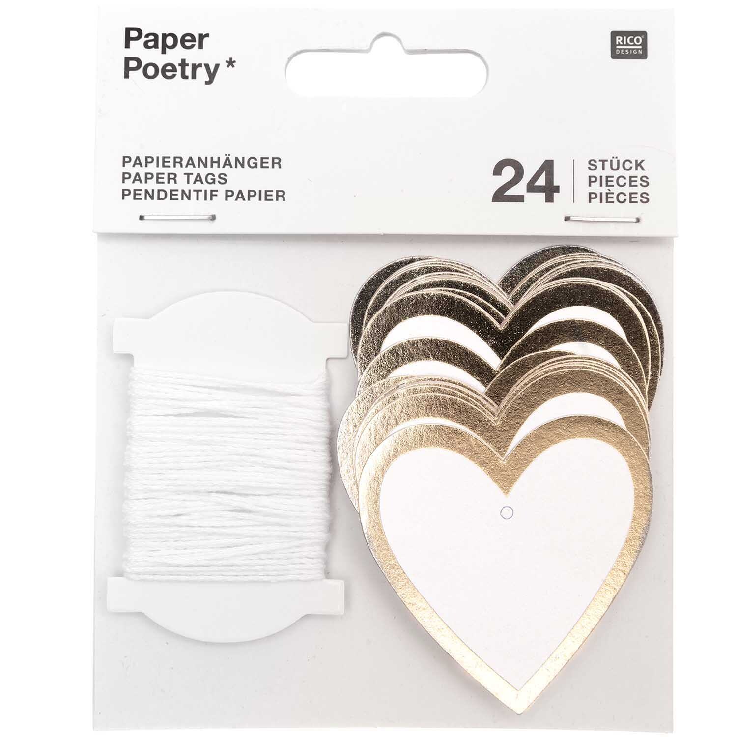 Paper Poetry Papieranhänger Herzen M 24 Stück in Herzform mit weiß-goldenem Rand, ideal für kreative Dekorationen und Geschenke.