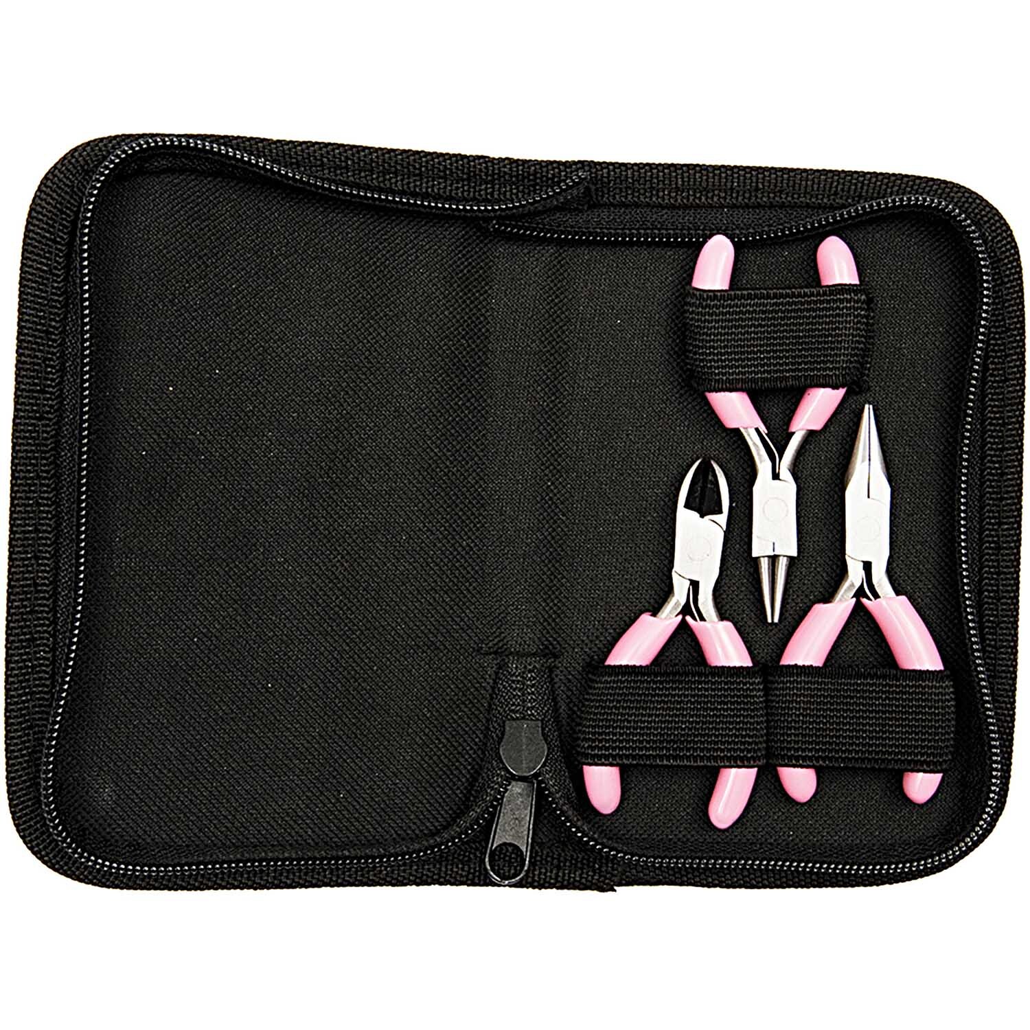 Mini-Zangenetui 3er Set mit rosa Griffen, präsentiert in einem schwarzen Etui von Rico Design.