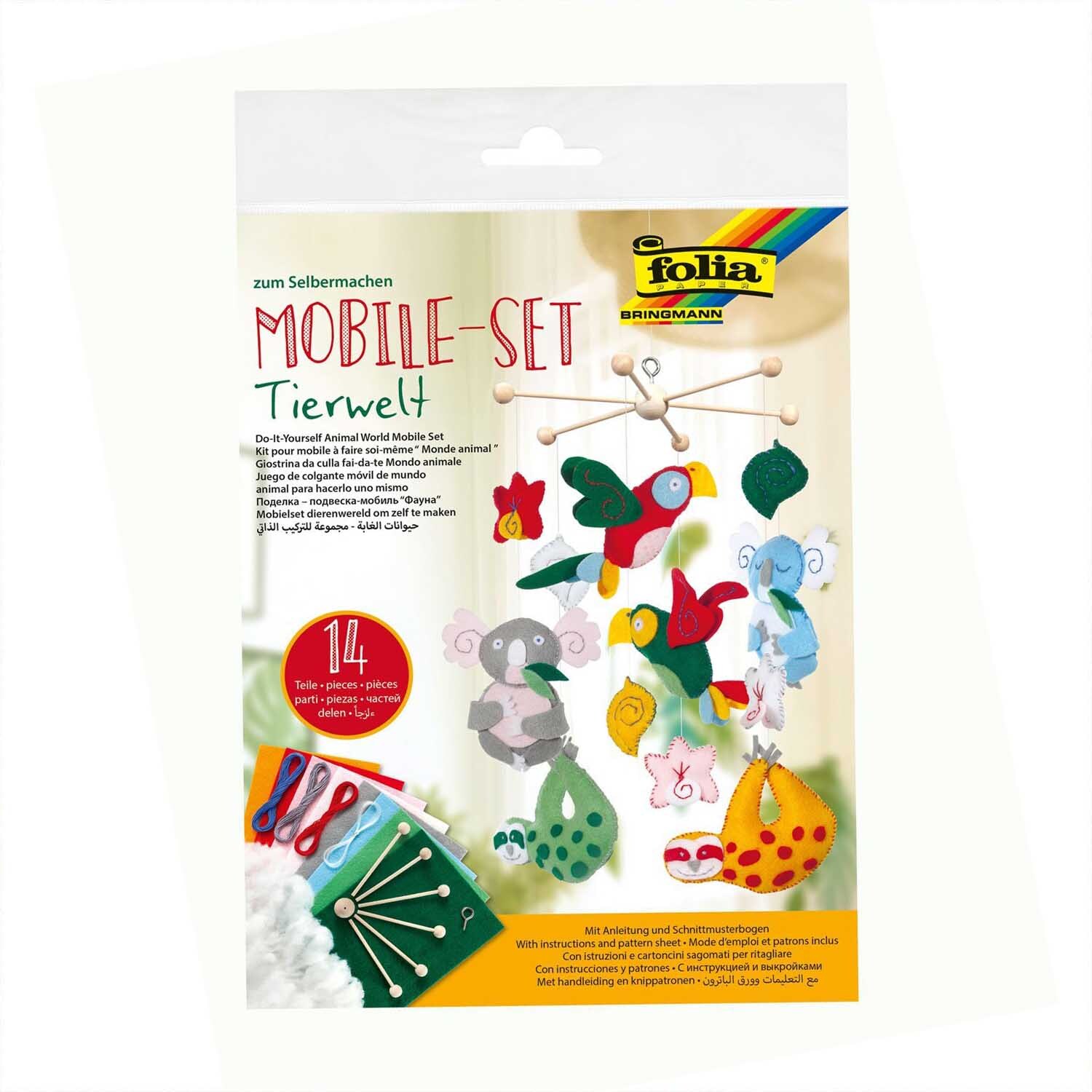 Filz-Bastelset Mobile Tierwelt: Buntes Set von folia zum Erstellen eines Tier-Mobiles mit Filzfiguren und Zubehör. Ideal für kreative Bastelprojekte.
