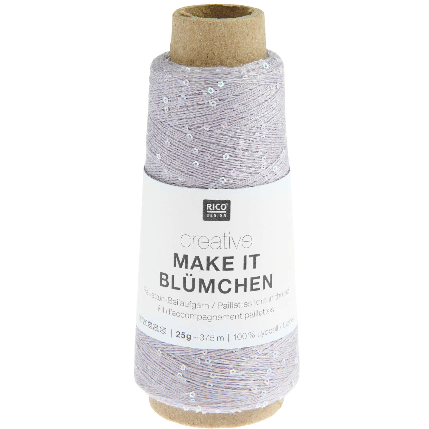 Creative Make It Blümchen: Fliederfarbener Garn von Rico Design, 25g, 375m, mit Pailletten.