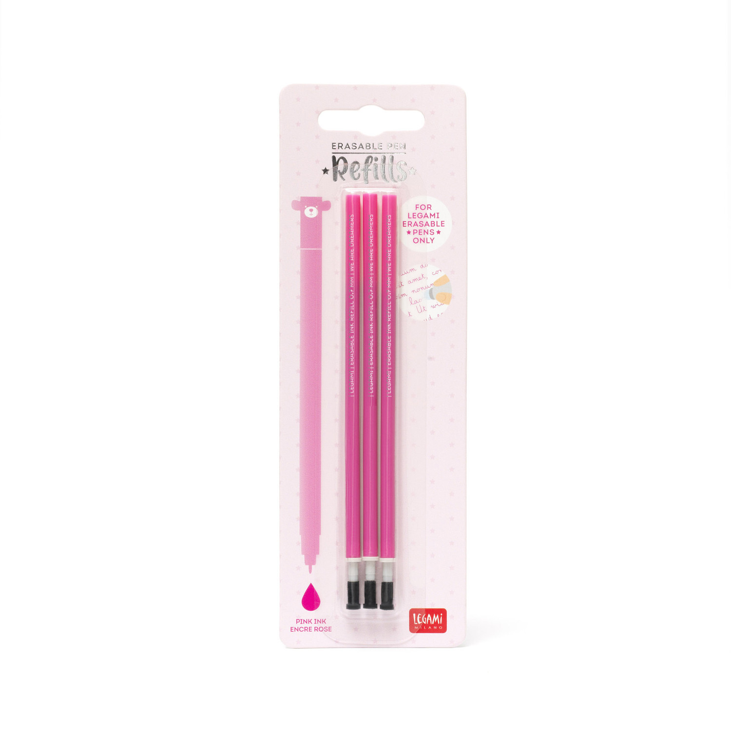 Ersatzminen für löschbaren Gelstift 3 Stück von Legami in Pink, verpackt in einer transparenten Blisterverpackung.